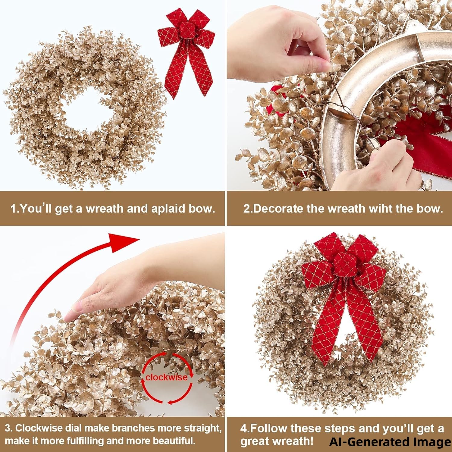 Couronne de Noël en buis de 45,7 cm avec nœuds et suspension de porte, convient pour porte d'entrée, salon, cheminée, fenêtre, ferme et couloir (doré)