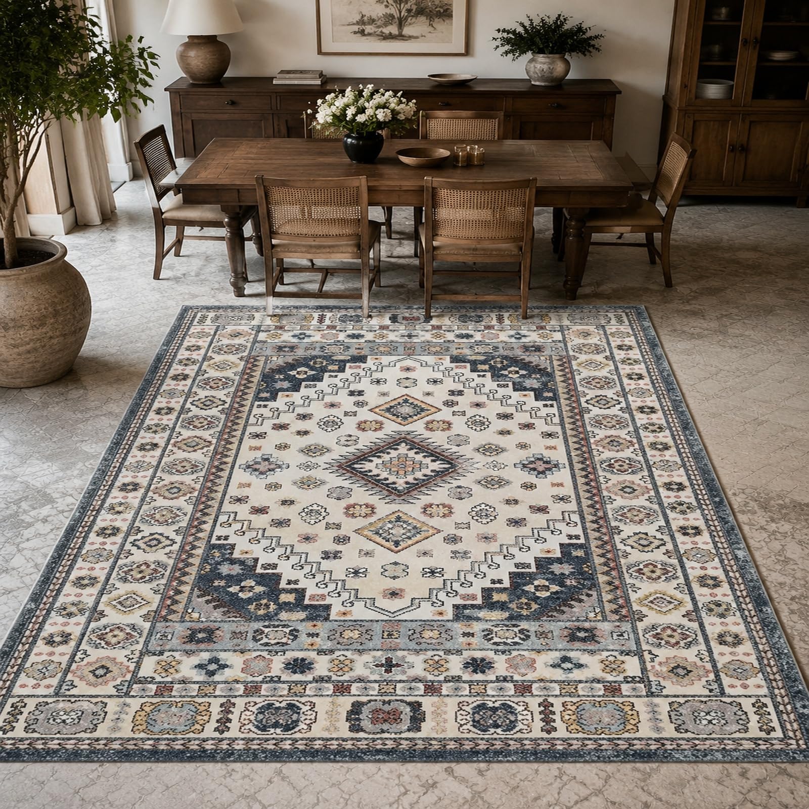 Tapis oriental vintage pour dynamiser un salon blanc ou un sol froid