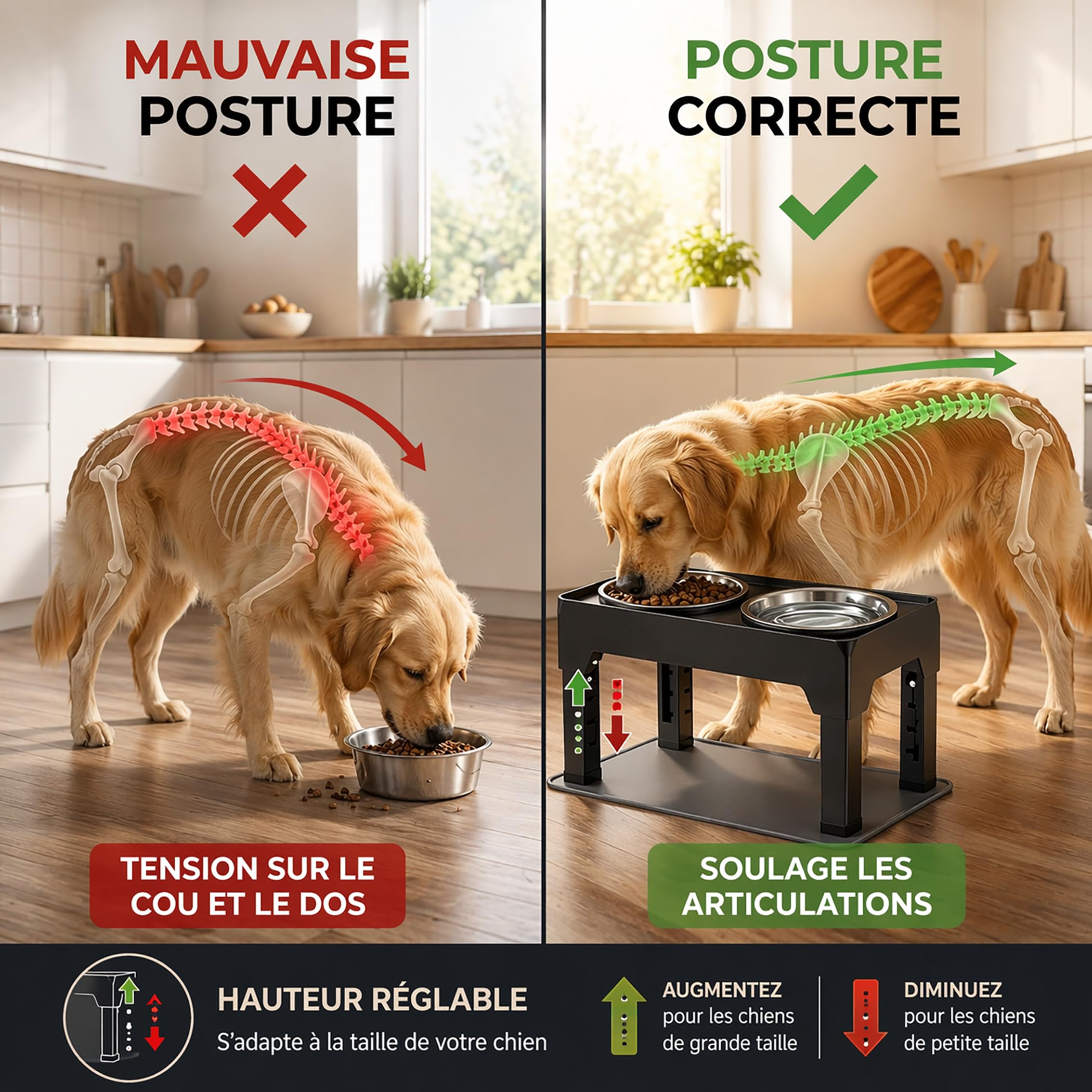 Gamelle Surélevée pour Chien Réglable – 5 Hauteurs Ergonomiques – Améliore Posture & Digestion – 2 Bols INOX 1200ml + Anti-Glouton 800ml – Tapis Antidérapant – Chiens Petits, Moyens, Grands