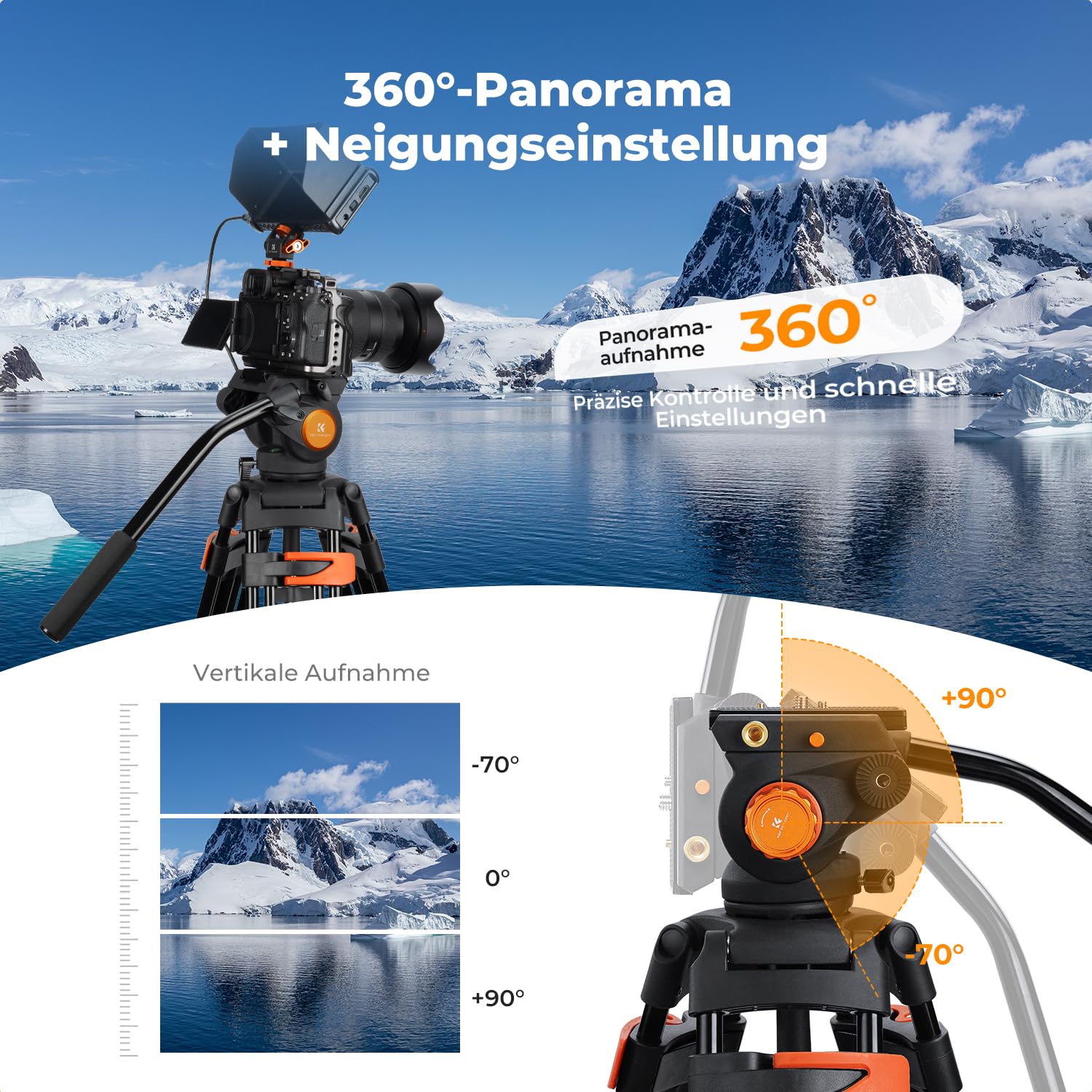 K&F CONCEPT Schwarz-Orange Aluminium 202cm Videostativ | Heavy Duty Tripod Stativ, Fluidkopf, Schnellwechselplatte, Tragkraft 8kg für DSLR, Camcorder, Kameras VA3+BV70