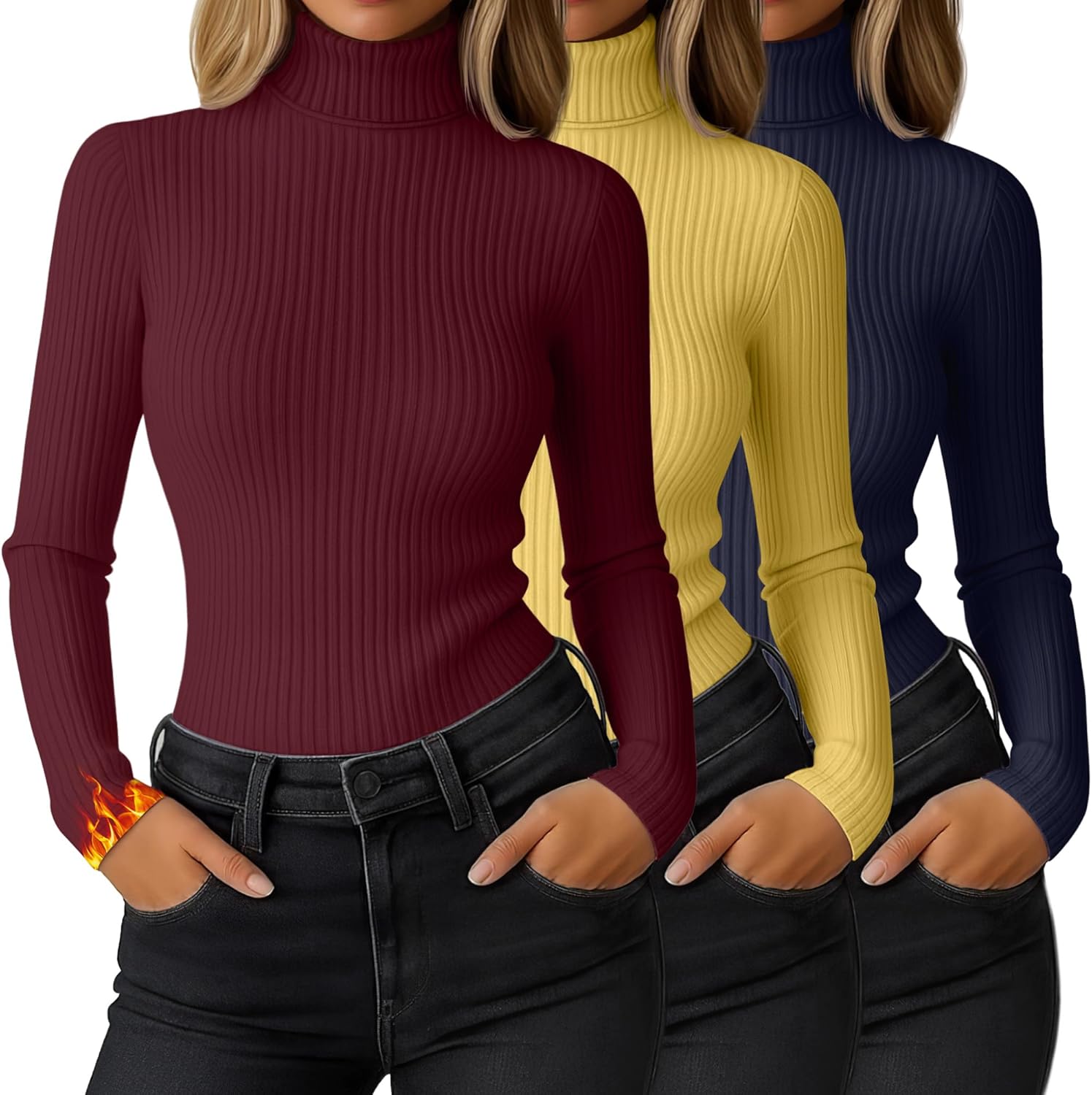 Ficerd 3 Pack Women's Ribbed Thermal Turtleneck Tops Long Sleeve Stretch Shirts Knitted Fitted Lightweight Base Layer