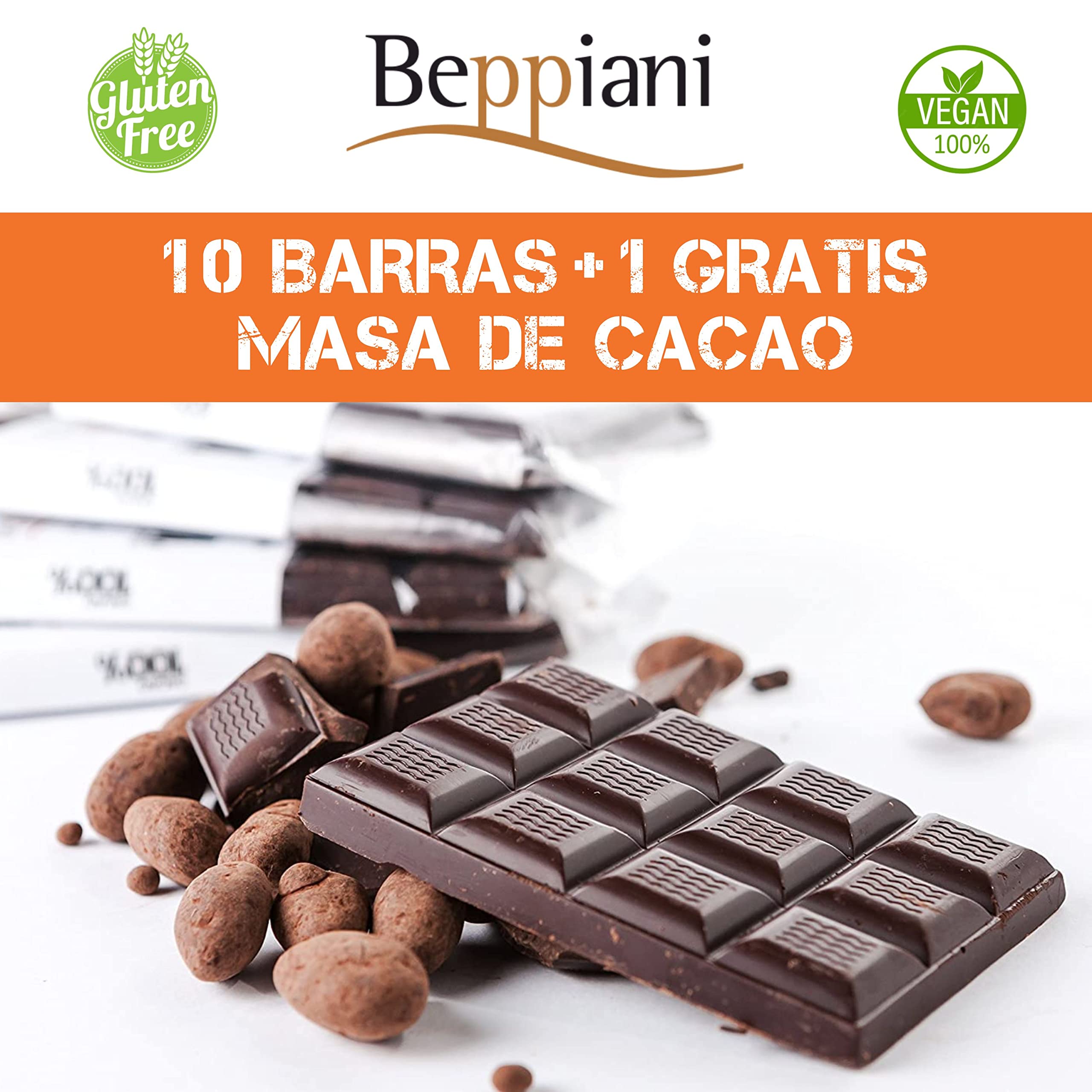 Beppiani 100% Masa de Cacao, Chocolate Artesano, vegano, sin azúcar, rico en antioxidantes, para dietas equilibradas - Set Made in Italy (10 + 1)
