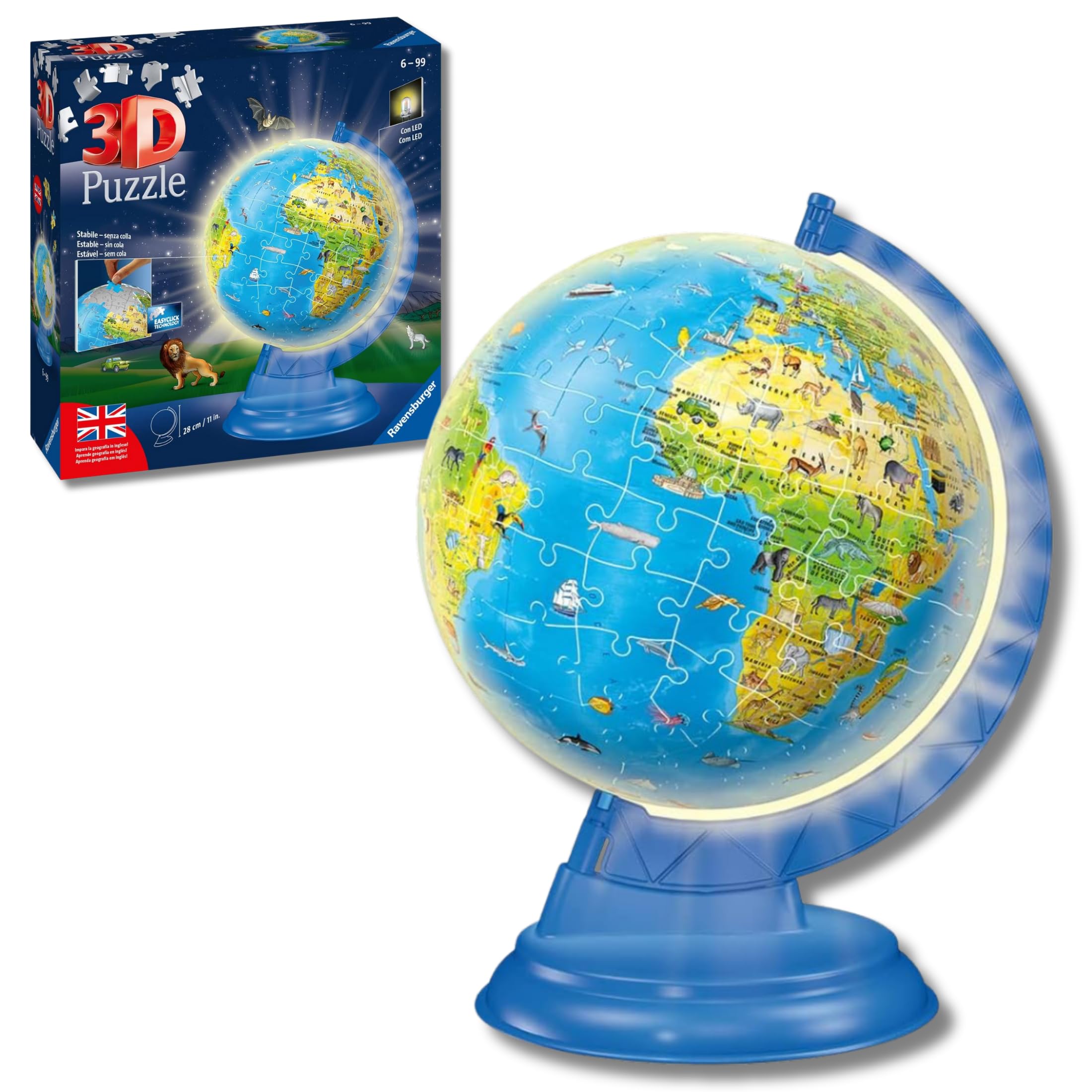 Ravensburger - Puzzle 3d Globo Terrestre Night Edition | Puzzle 3d Bambini A Partire Dai 6 Anni | Modellismo Da Costruire Bambini Di 188 Pezzi | Regalo Bambino 6 Anni E Più
