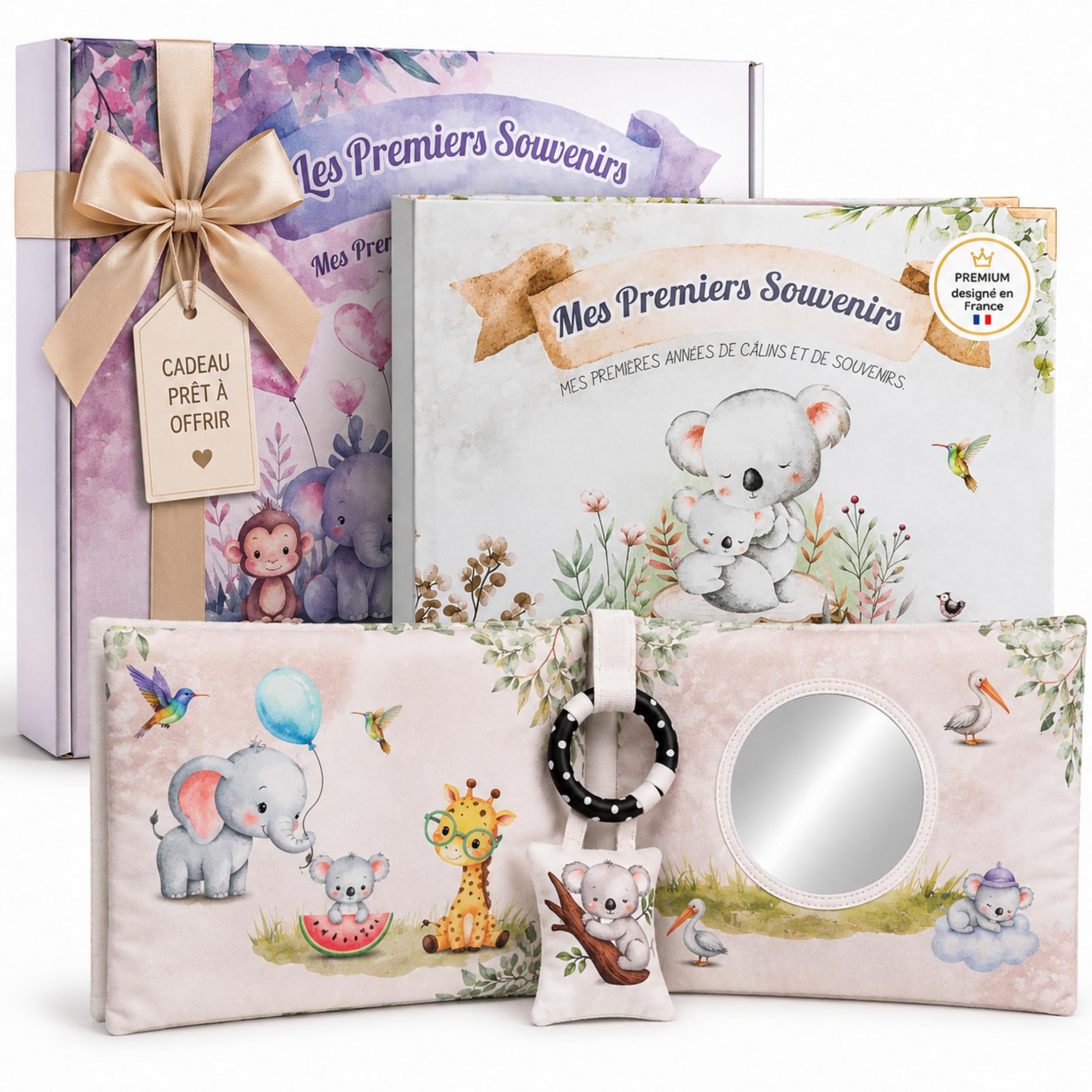 Cadeau de Naissance Bébé – Livre de Naissance Premium avec Album Tissu Sensoriel & Kit Empreintes | Coffret Souvenirs Bébé Fille et Garçon (0-5 ans)
