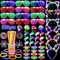 150PCS Glow in the Dark Party Supplies: LED Glasses, Headbands, Rings, 100 Glow Sticks & Connectors for Kids Adults Neon Glow Parties