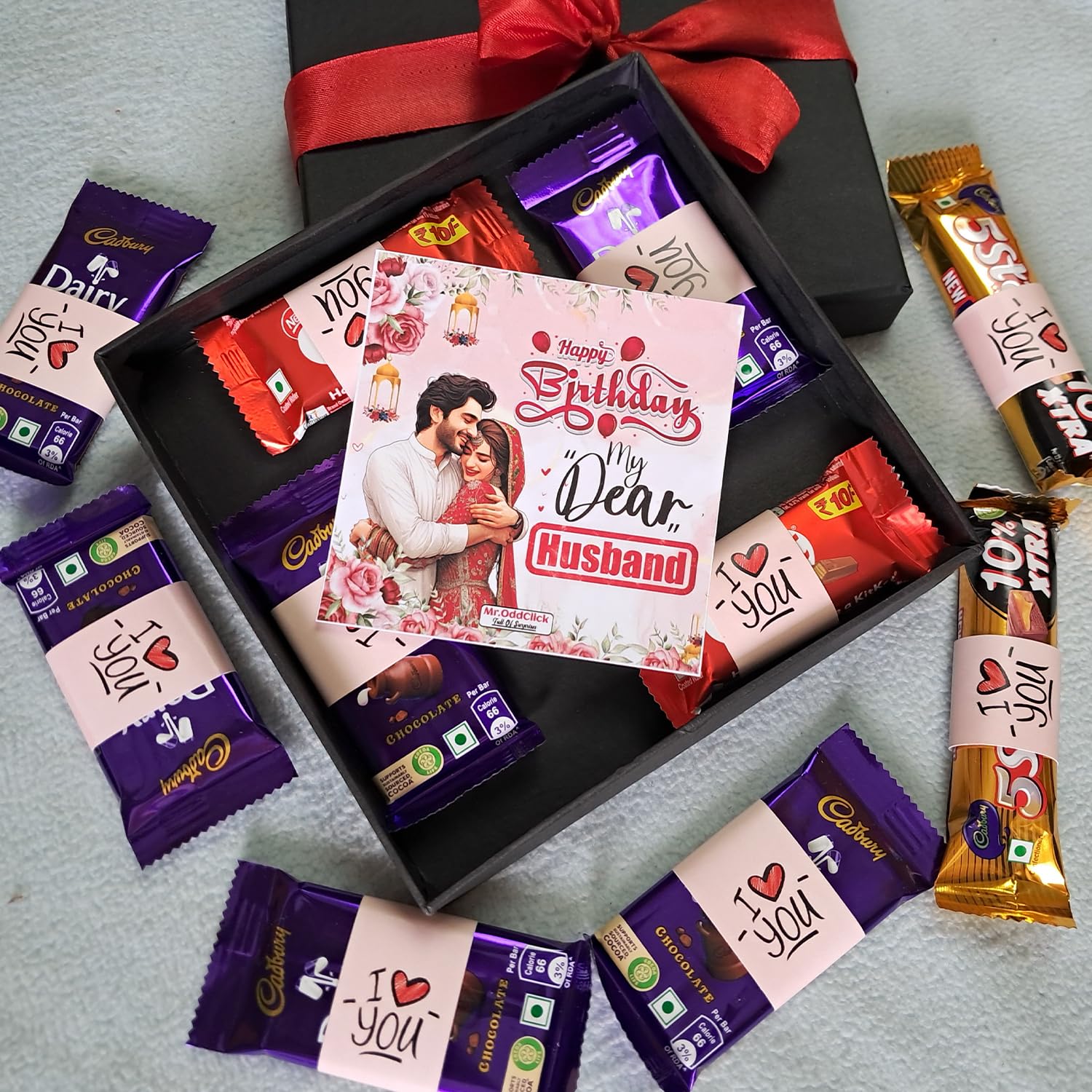 OddClick Birthday Gift Box for Husband with Chocolate Assortment and Greeting Card, Black Box with Red Bow