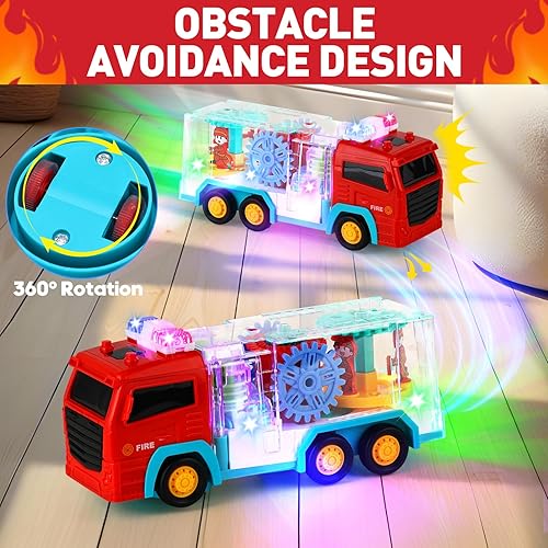 Miniatura 4 de Camiones de bomberos para niños pequeños de 3 a 5 años, juguete sensorial iluminado para niños, auto de golpes transparente LED con engranaje