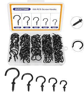 150pcs Screw Hooks,Metal Screw in Cup Hooks,Wall Cup Hook for Hanging Plant, Mug, Coffee Cups, kitchenware,String Light Decors, Indoor & Outdoor, Black,5 Sizes