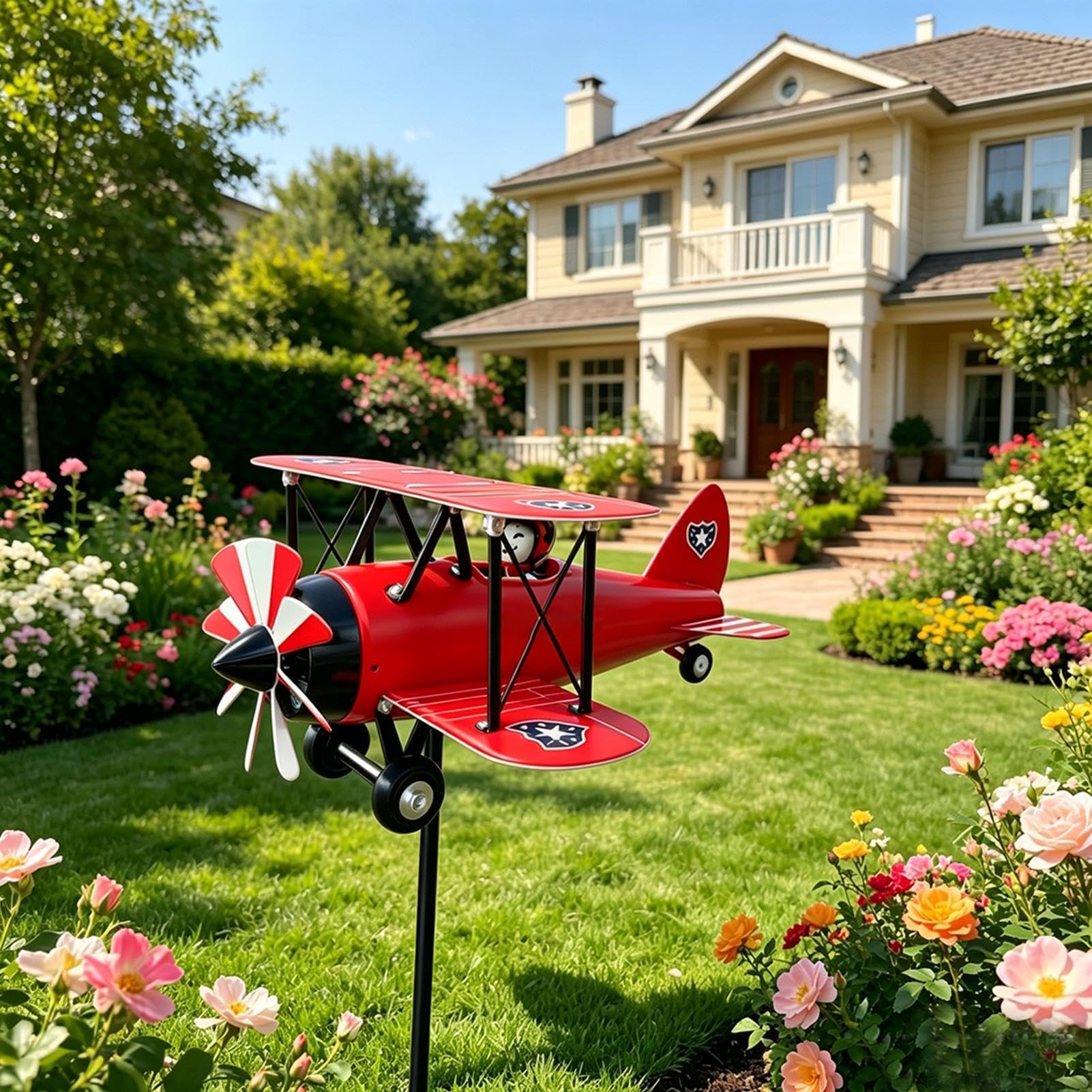 Spinner De Viento Biplano para Jardín Escultura De Viento Avión Decorativa