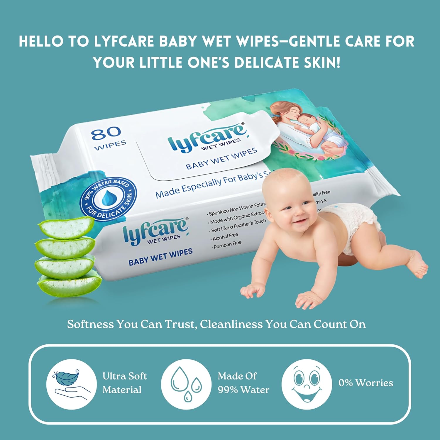 Lyfcare soft cleansing baby wipes bidout lid | 80 Wipes X Pack of 1 - 80 Wipes | For a new birth child. Aloe Vera, prevents rashes and redness with the goodness of vitamin E. Alcohol and Parabeen Free Lyfcare soft cleansing baby wipes bidout lid | 80 Wipes X Pack of 1 - 80 Wipes | For a new birth child. Aloe Vera, prevents rashes and redness with the goodness of vitamin E. Alcohol and Parabeen Free