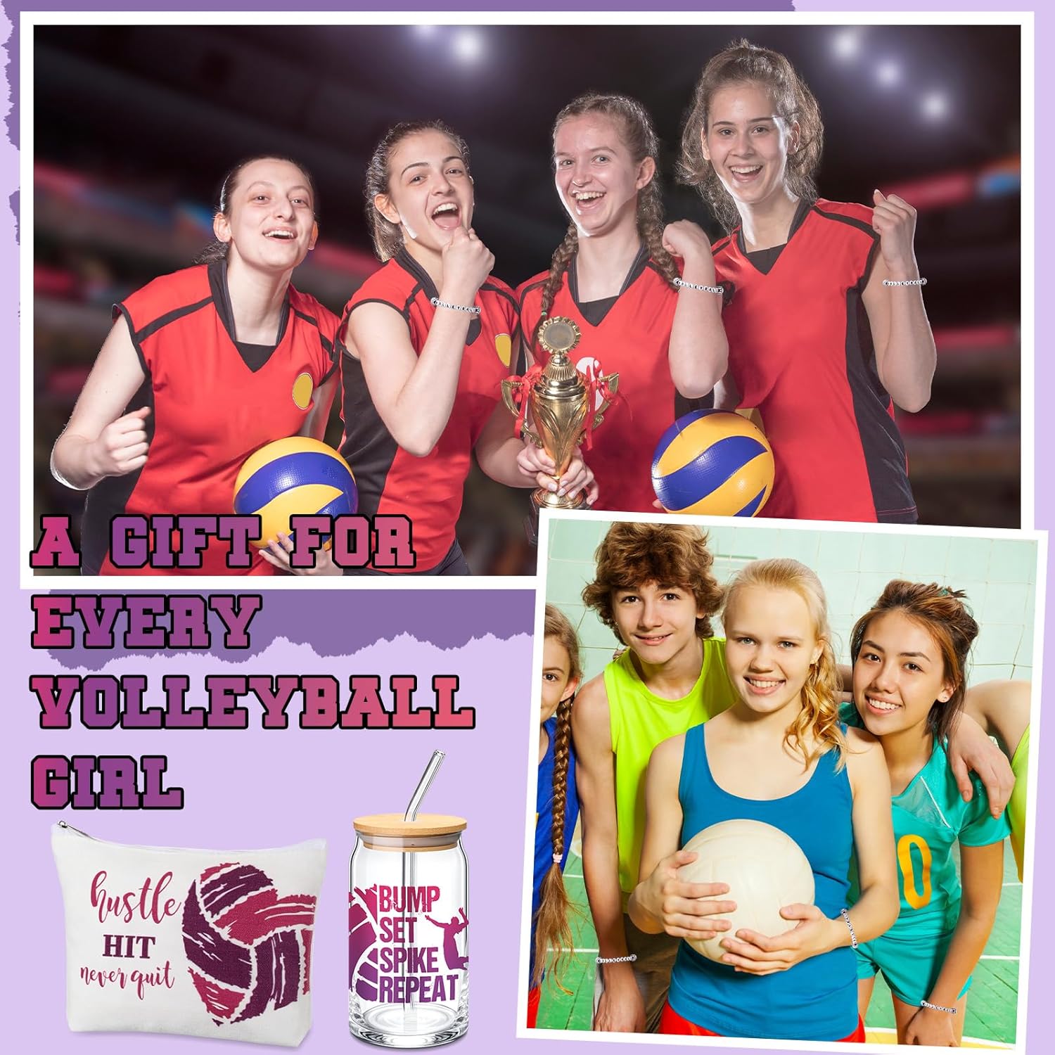 4 Pcs Volleyball Gifts for Girls Volleyball Stuff 16 oz Water Bottles Makeup Bag Bracelets Charm Elastic Hair Scrunchies Valentines Gifts for Girls Women Sports Coaching Players Birthday - Image 6