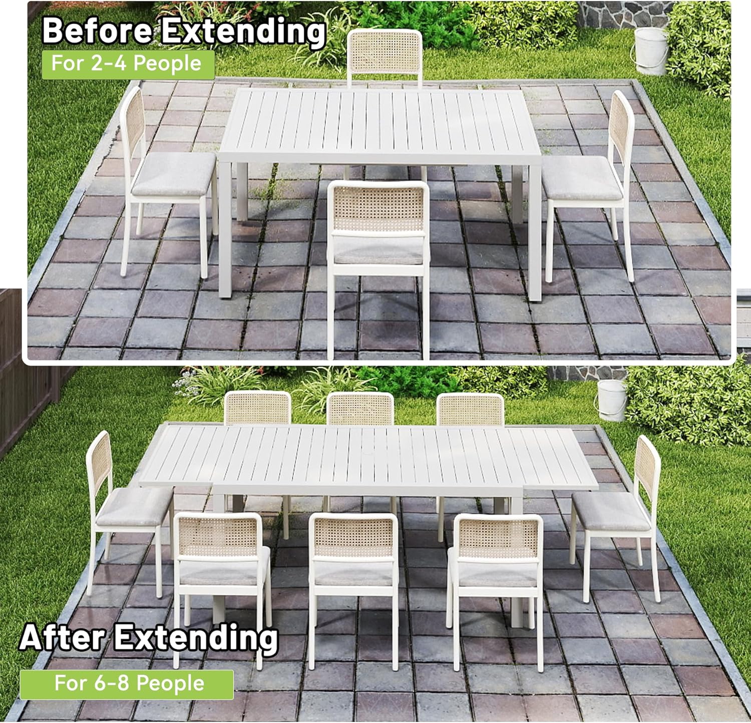 Outdoor Expandable Dining Table for 6-8, Patio Extendable Dining Table with an Umbrella Hole, Aluminum Extendable Table, Expandable Table, Space-Saving-Creamy White