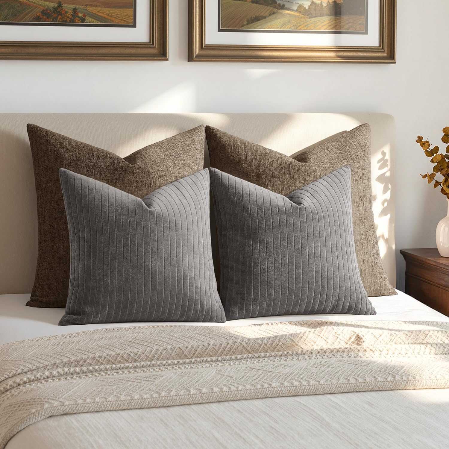 MIULEE Set of 2 Grey Decorative Throw Pillow Covers 18x18 Inch, Thick Soft Textured Striped Cushion Covers, Modern Solid Color Farmhouse Boho Pillow Case for Sofa Couch Bed Living Room