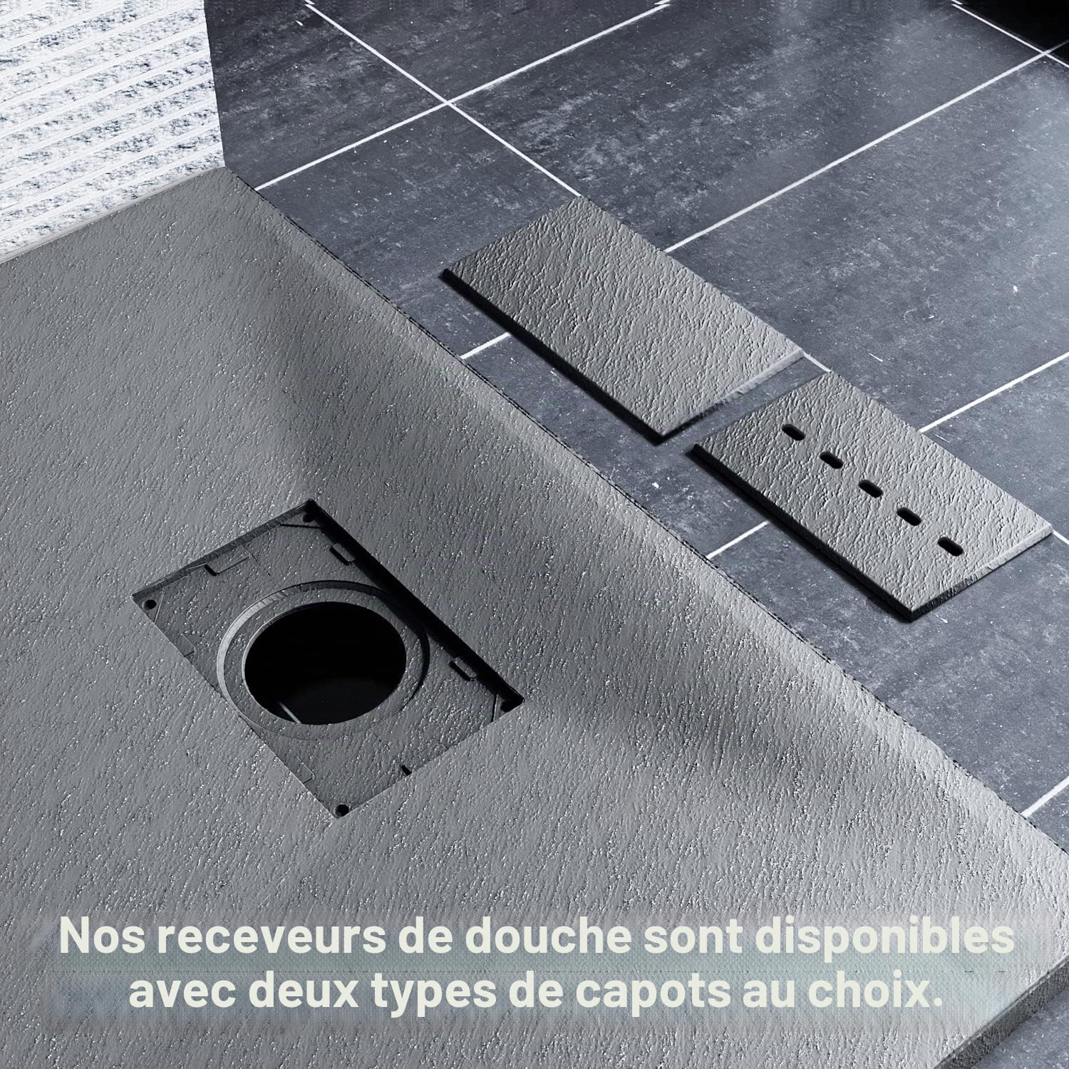 SONNI Receveur de douche 140 x 90 cm - Gris aspect ardoise et structure antidérapante - Avec siphon