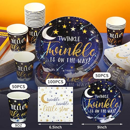 Vista 50 de Hushee Juego de 200 platos florales de papel para baby shower, servilletas, tazas, suministros de fiesta de baby shower, juego de vajilla desechable