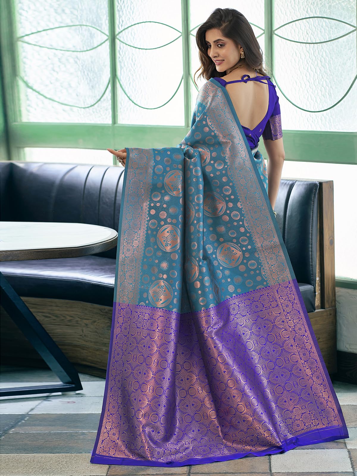 Satrani Women's Jacquard Work Kanjivaram Silk Blend Saree With Unstitched Blouse Piece (3732S139N_Blue & Dark Blue)