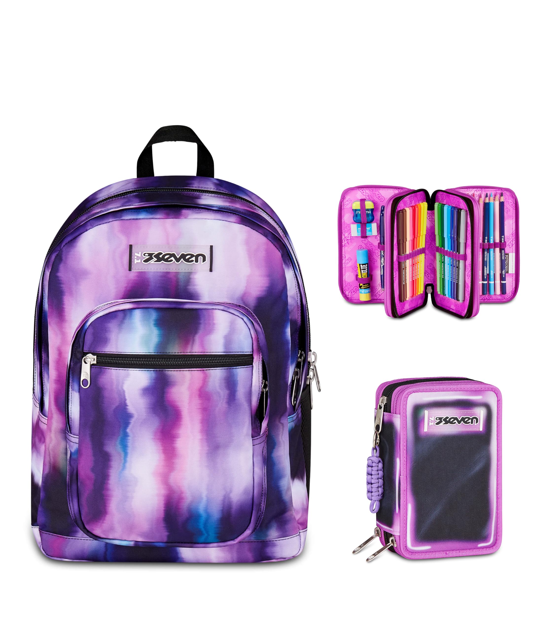 Seven Zaino Scuola FREETHINK, Doppio Scomparto, Viola, 34 L, Bambina, Ragazza + Astuccio 3 zip SHADOWS OF COLOR, Nero,45 pezzi, Scuola elementare