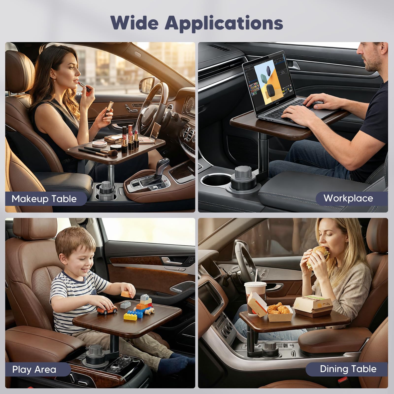 Support de bureau pour ordinateur portable, table porte-gobelet pivotante à 360° Support en bois pour, table et plateau repas pour voiture Compatible avec les modèles la plupart des véhicules