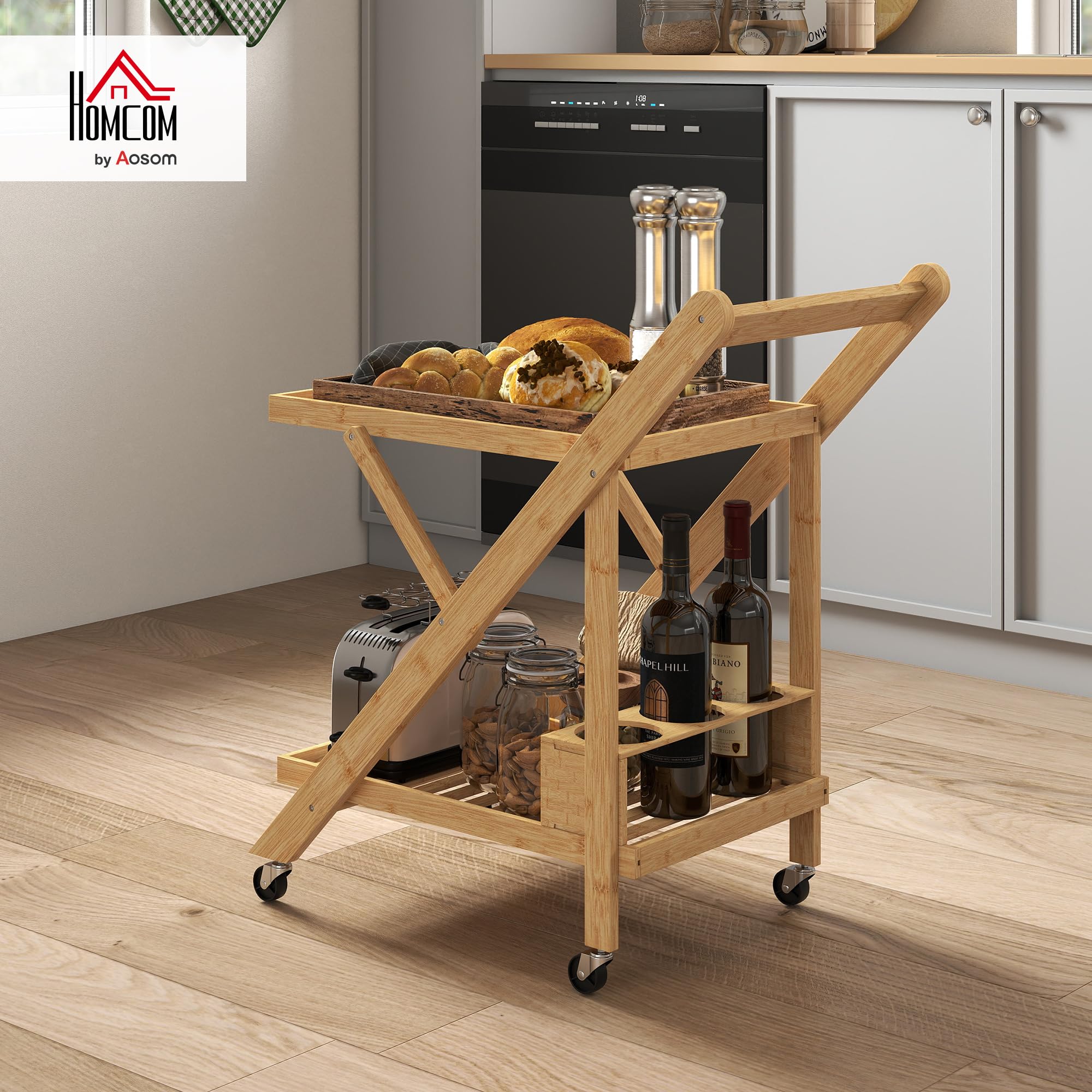 HOMCOM Desserte de Cuisine en Bambou, Chariot de Service Pliable, avec 2 Plateaux, 4 Roues, 3 casiers à vin, 66 x 40 x 70 cm, Bois Naturel