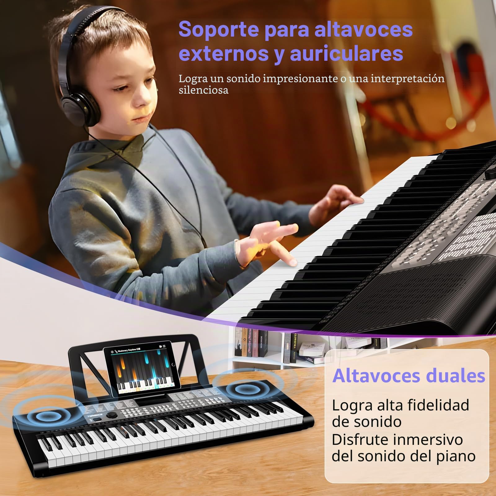 TERENCE Piano Digital 61 Teclas Altavoces HiFi Duales Piano Electrico con 51 Botones de Función en el panel Pantalla LED Teclado Dual 2 Opciones de Alimentación Soporte para Auriculares y Micrófono
