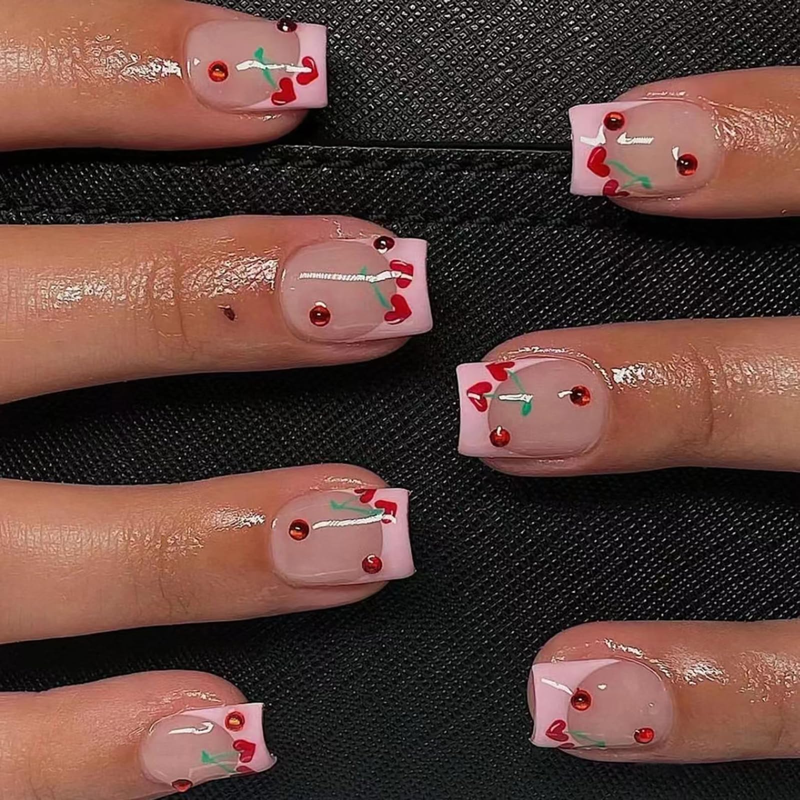 Press on Nails Short Square Pink French Tip Fake Nails Nude Full Cover Heart Cherry False Nails with Designs Glossy Glue on Nails Cute Acrylic