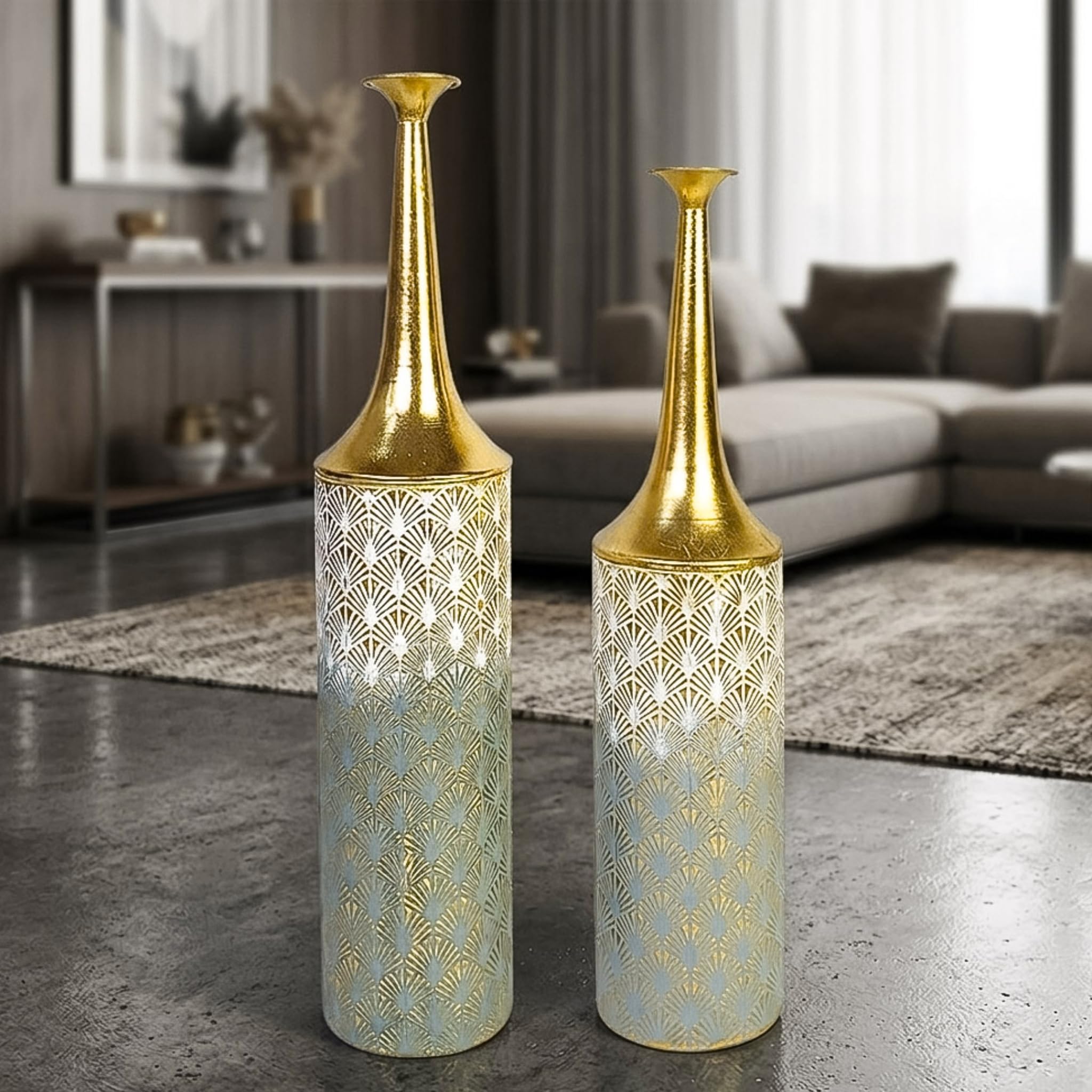 Leewadee Große Bodenvasen im 2er Set 65/55 cm - Hohe Metall Deko Vasen in Gold für Wohnzimmer Dekoration