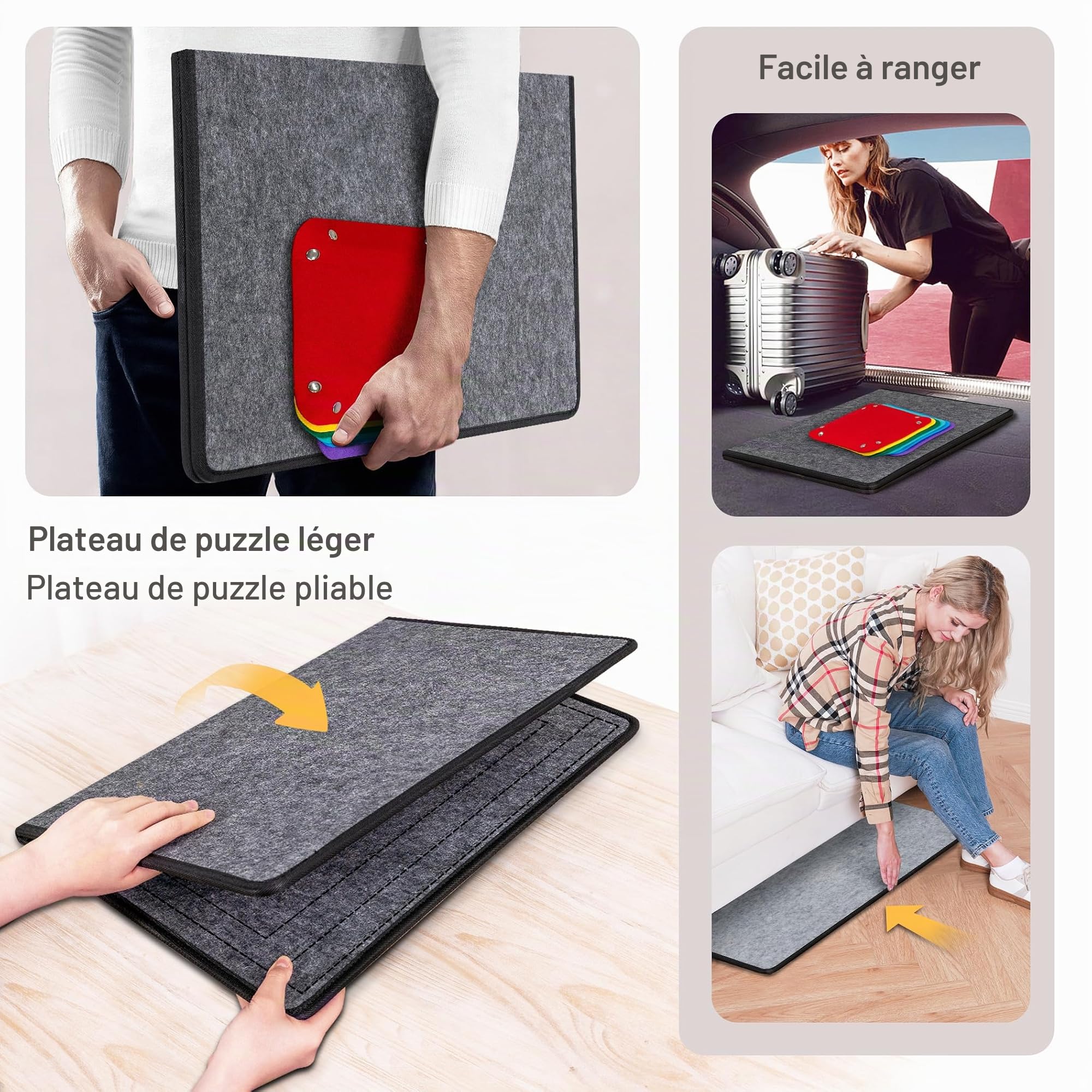 Becko US Planche de puzzle de 1 000 pièces avec 6 plateaux de tri et housse en feutre, tapis de puzzle pliable avec lignes auxiliaires pour économiser le rangement, léger et portable, pour puzzles de
