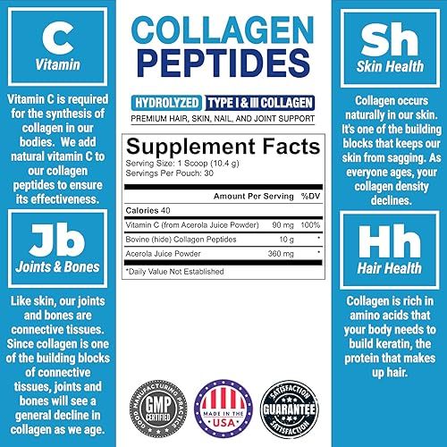 Miniatura 4 de PEScience Polvo de péptidos de colágeno, proteína de colágeno hidrolizada con vitamina C, 30 porciones, sin sabor, apoya el cabello, la piel y las