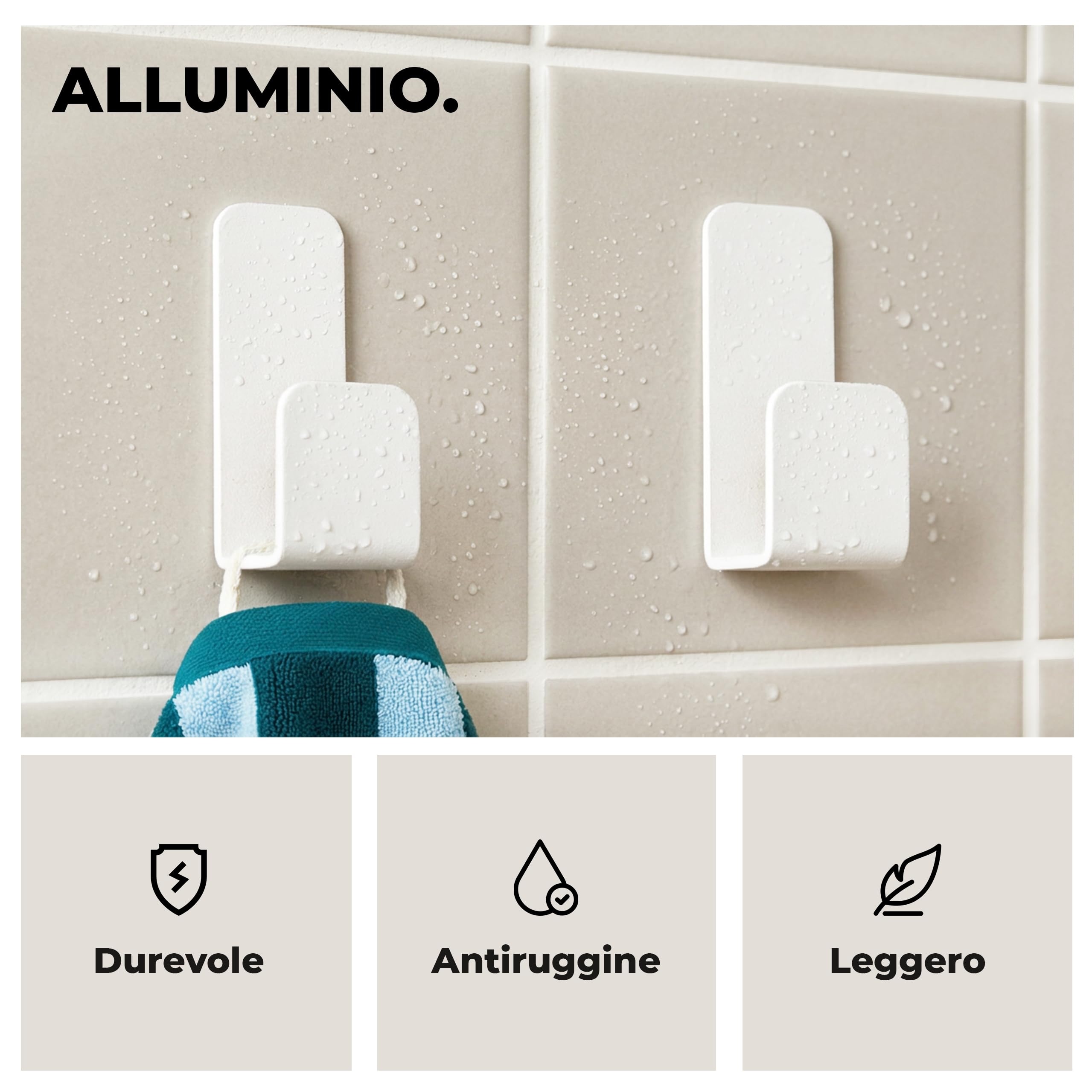 Set 4 Ganci Adesivi Bagno | Appendi Accappatoio Bagno Adesivo | Appendi Strofinacci Cucina | Ganci per Asciugamani Bagno | Appendi Asciugamani Bagno Adesivo Bianco