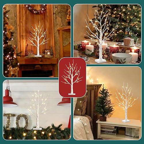 Miniatura 4 de PABIPABI Árbol de abedul iluminado con luces LED, decoraciones de Navidad, pequeñas luces artificiales de árbol bonsái con temporizador, árboles de