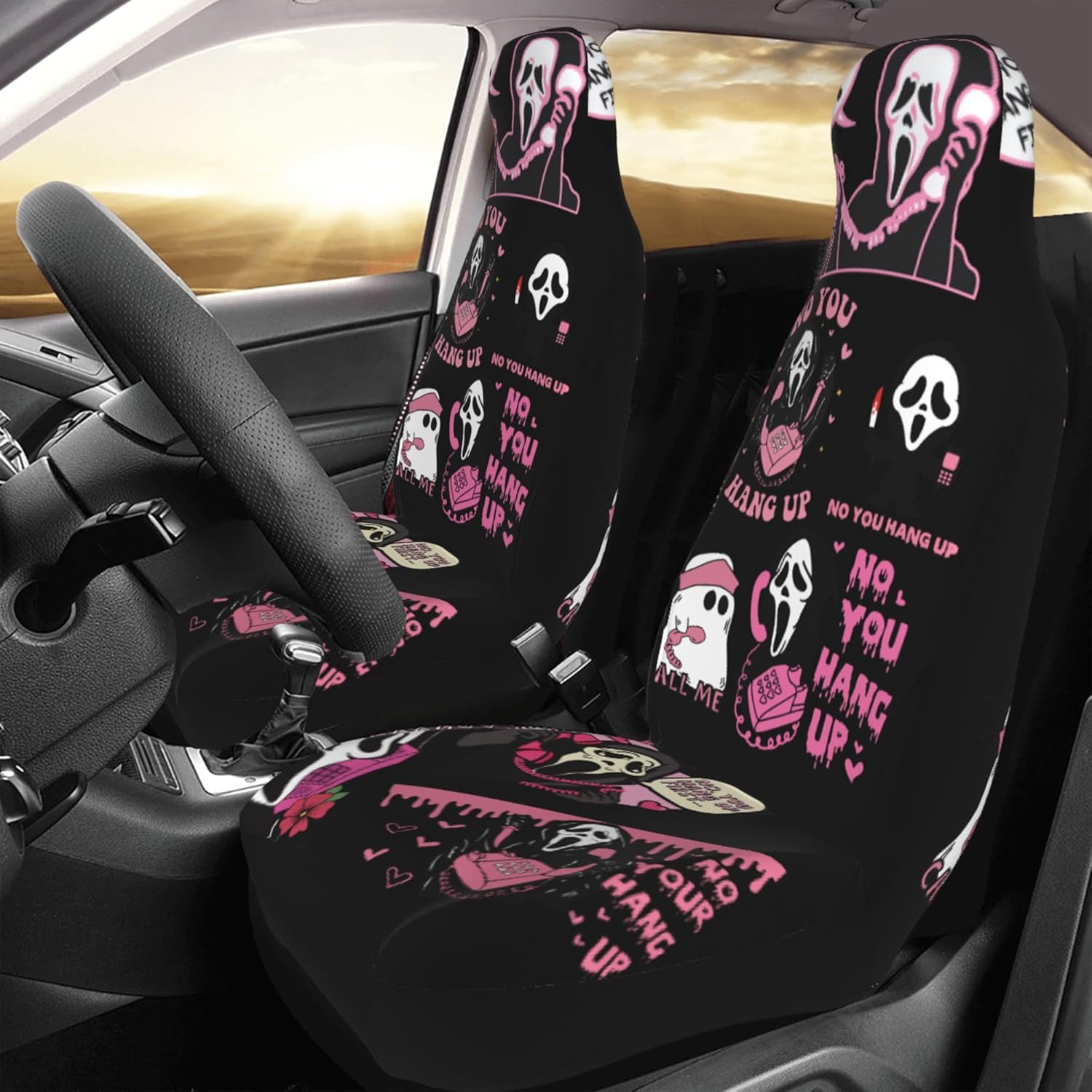 Halloween Ghost 2 Front Car Seat Covers for Car Truck Sedan SUV, Car Gifts, Durable Automotive Seat Covers, Breathable Bucket Seat Covers, Protective Interior Accessory (Black Ghostface)