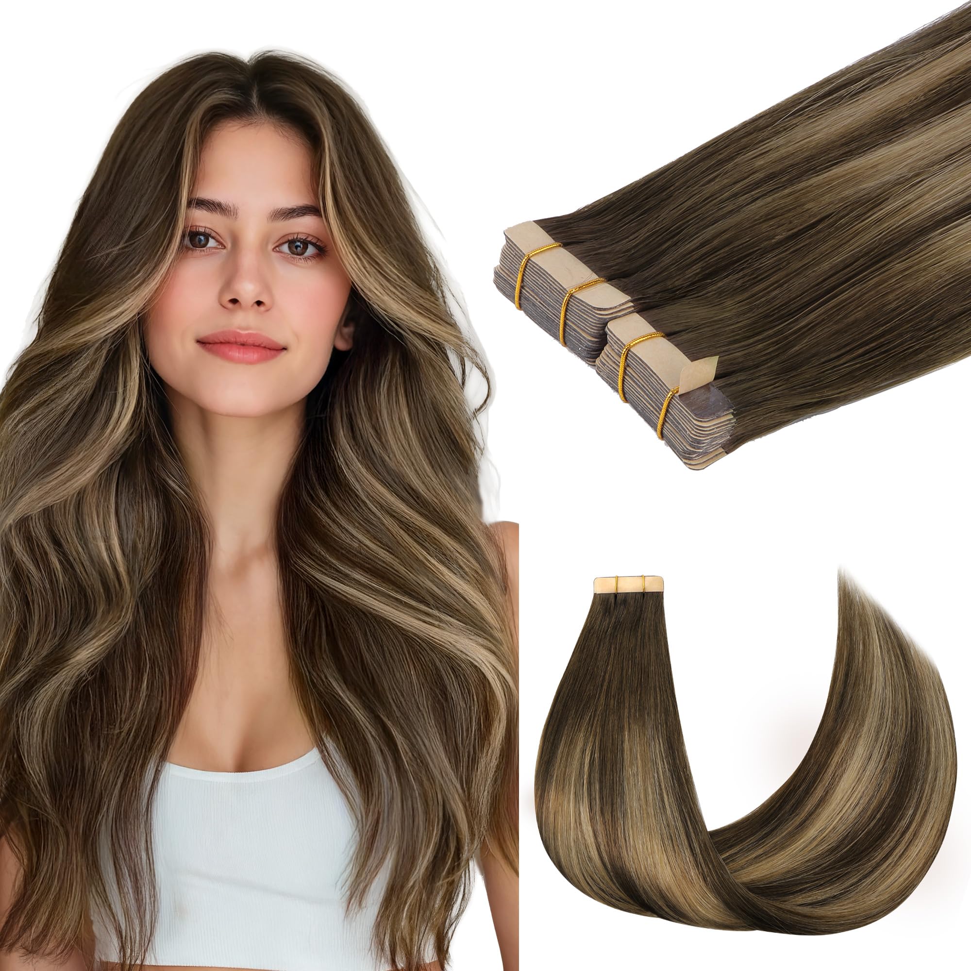 GOO GOO Tape in Hair Extensions Human Hair, 4/27/4 Balayage Chocolate Brown to Caramel Blonde, 22inch 100g 40pcs, Skin Weft Seamless Invisible, Silky