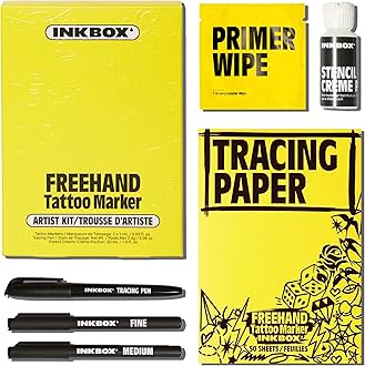 Inkbox Freehand Tattoo Marker Artist Kit - Includes 2 Markers, 1 Tracer, 1 Glove, Tracing Paper (50 Sheets) & Stencil Cream |Lasts Up to 10 Days, All Skin Tones, Water-Resistant, Cruelty-Free & Vegan