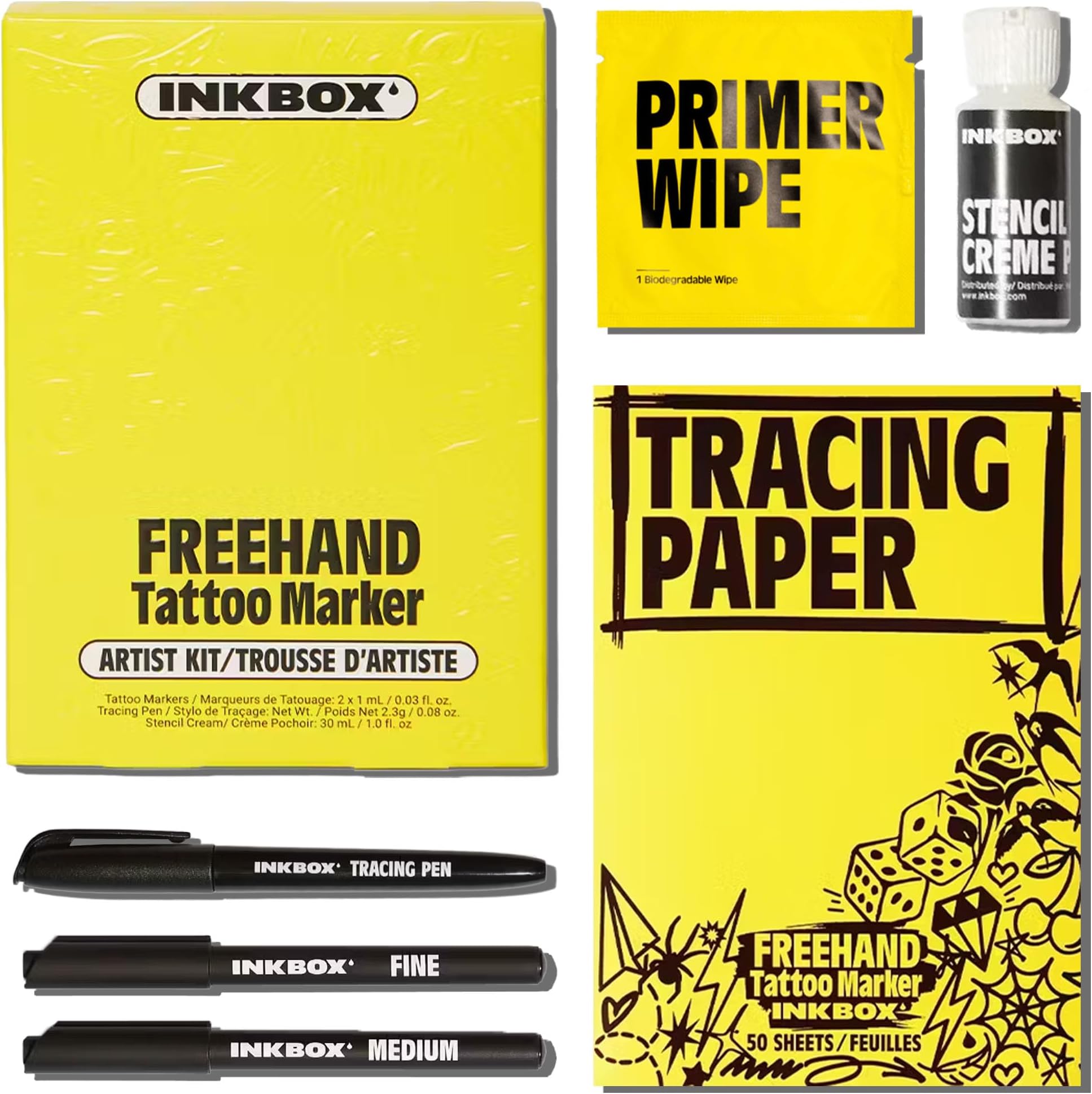 Inkbox Freehand Tattoo Marker Artist Kit - Includes 2 Markers, 1 Tracer, 1 Glove, Tracing Paper (50 Sheets) & Stencil Cream |Lasts Up to 10 Days, All Skin Tones, Water-Resistant, Cruelty-Free & Vegan