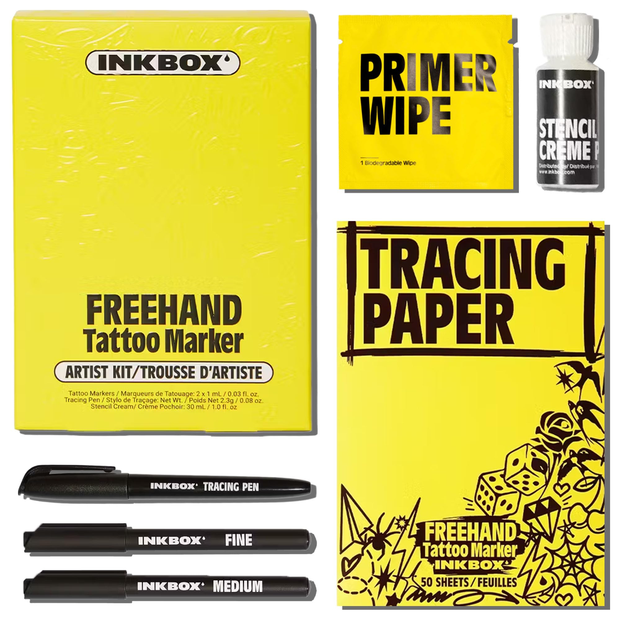 Inkbox Freehand Tattoo Marker Artist Kit - Includes 2 Markers, 1 Tracer, 1 Glove, Tracing Paper (50 Sheets) & Stencil Cream |Lasts Up to 10 Days, All Skin Tones, Water-Resistant, Cruelty-Free & Vegan