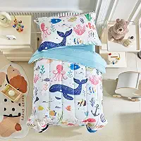 Joyreap Conjunto de cama infantil de 4 peças, tema do mundo do mar, branco, inclui edredom acolchoado, lençol de cima, lençol de cima e fronha