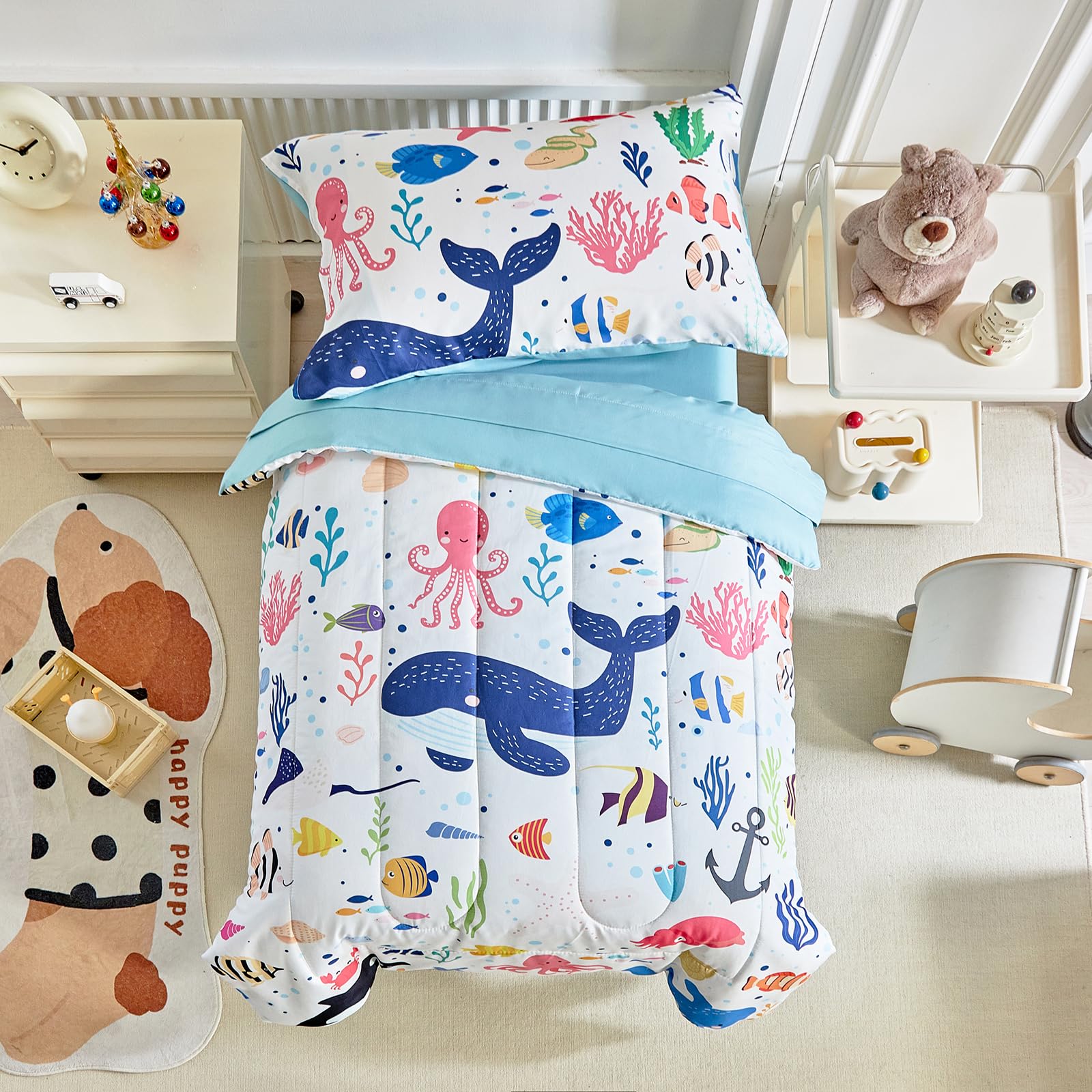 Photo 1 of Joyreap 4 Piece Toddler Bedding Set- Ocean Theme White Design, Microfiber Toddler Bedding Comforter Set for Kids Boys Girls