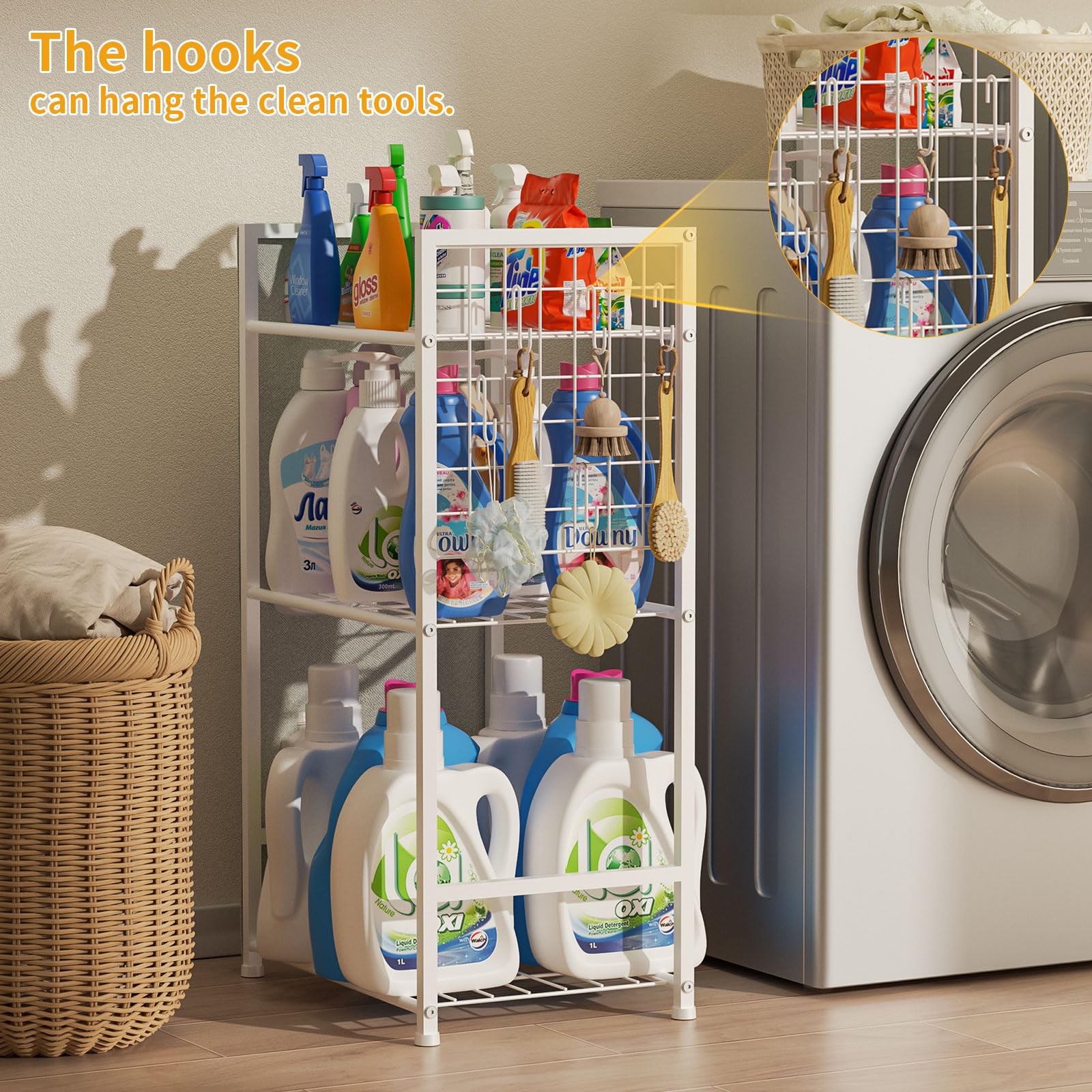 Yociyoga 3 Tier Laundry Room Shelves - Metal Shelving Unit Rack & Multifunctional Standing Shelf with Bottles Storage Bags and 5PCS Hanging Hooks for Laundry Organization and Storage