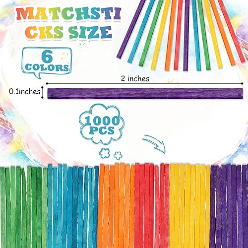 Miniatura 2 de Geetery 1000 unidades de palos de fósforo coloridos de 2 x 0.1 pulgadas, palillos de madera a juego para niños, adultos, manualidades, proyectos