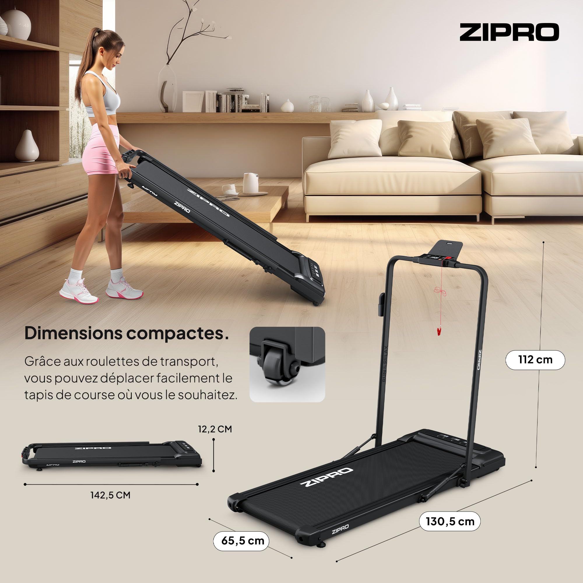ZIPRO Newlite Tapis de Course Pliable, Walking Pad, Deux Modes d’Entraînement, Design Compact FlatFold, Vitesse 1-10 km/h, Capacité jusqu'à 110 kg, Amorti Easy Walk, Moteur Silencieux, Écran LED