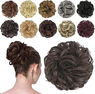 FESHFEN Messy Bun Hair Piece - Elastic Wavy Curly Hair Bun Scrunchies Extensions Synthetic Chignon Hairpieces for Women Girls, Dark Brown 1.5 oz