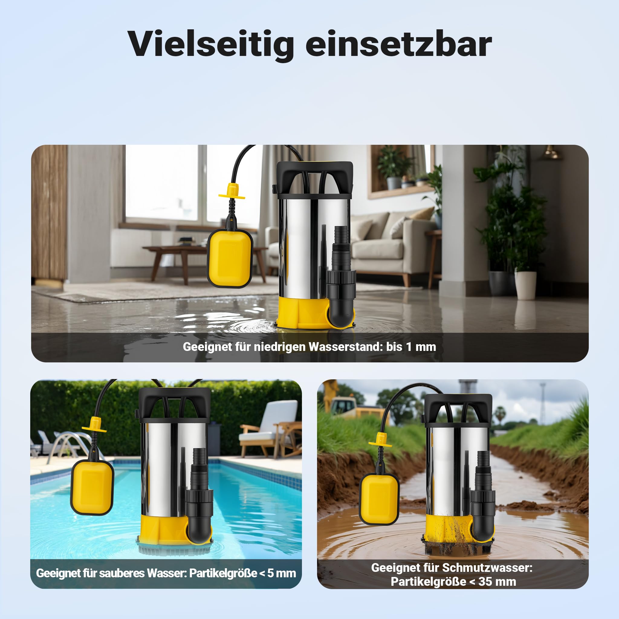 Wiltec 3 in 1 Flachsauger Tauchpumpe Edelstahl 1100 W, Schmutzwasserpumpe 18000 l/h, Flachwasserpumpe mit Schwimmer, Flachsaugpumpe für Keller