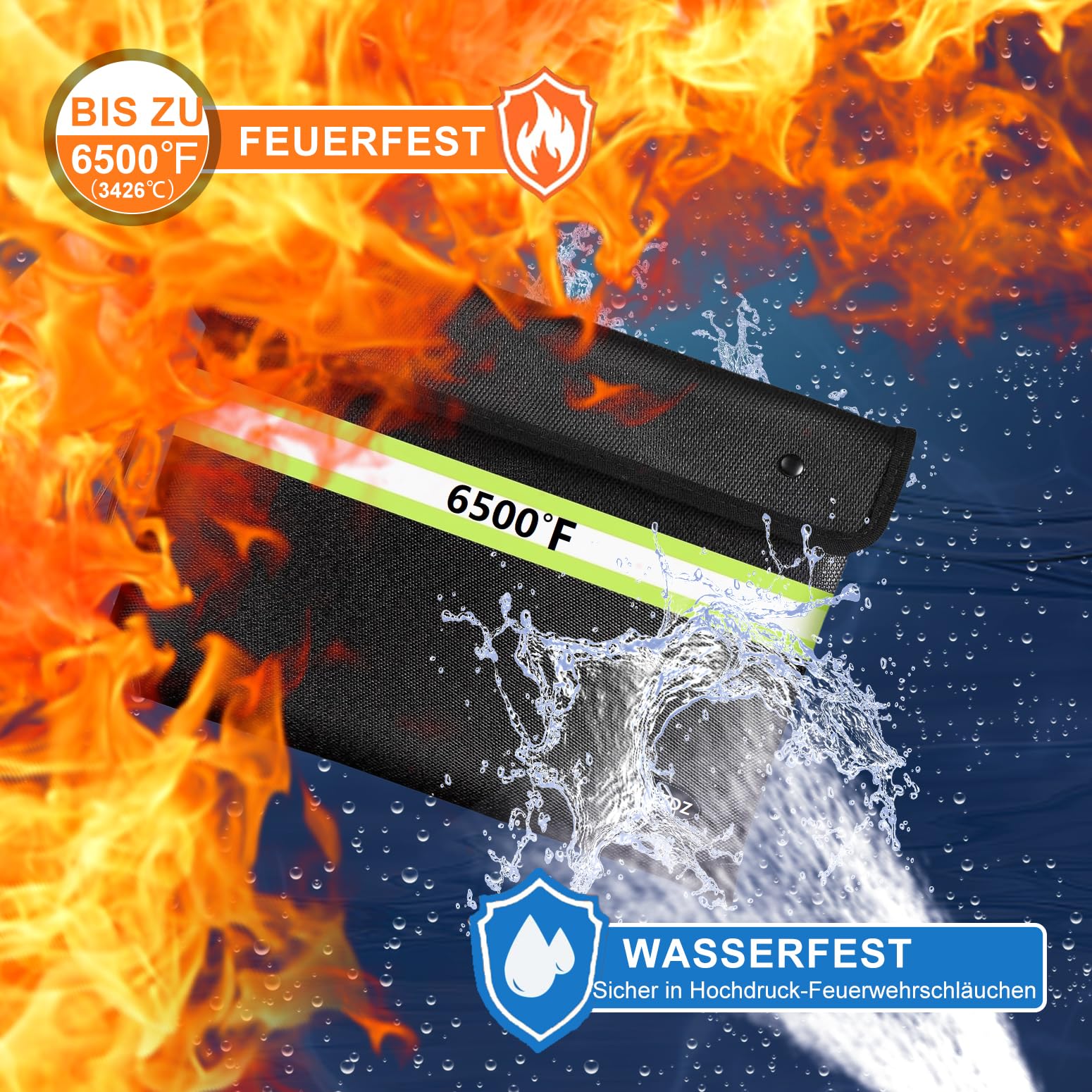 6500 °F Verbesserter Feuerfester Geldbeutel mit Wasserdichtem Reißverschluss für Bargeld,10 Schichten Wärmeisoliertes Material/Reflexstreifen,Feuerfester Beutel mit Griff für Wichtige Dokumente