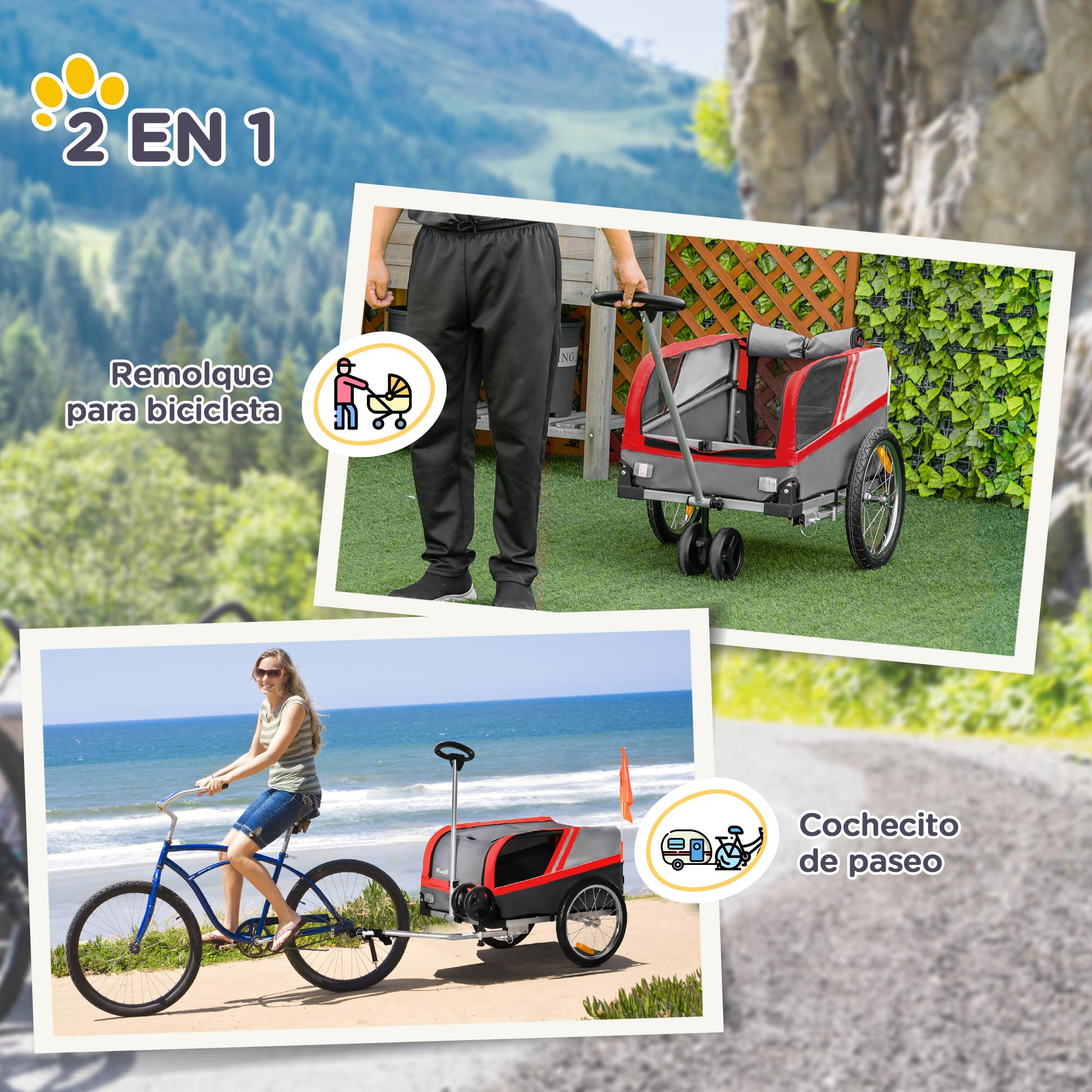 PawHut Remolque de Bicicleta para Perros 2 en 1 Carrito para Mascotas con Enganche Cubierta Enrollable Cinturón de Seguridad Bandera y Reflectores 130x64x97 cm