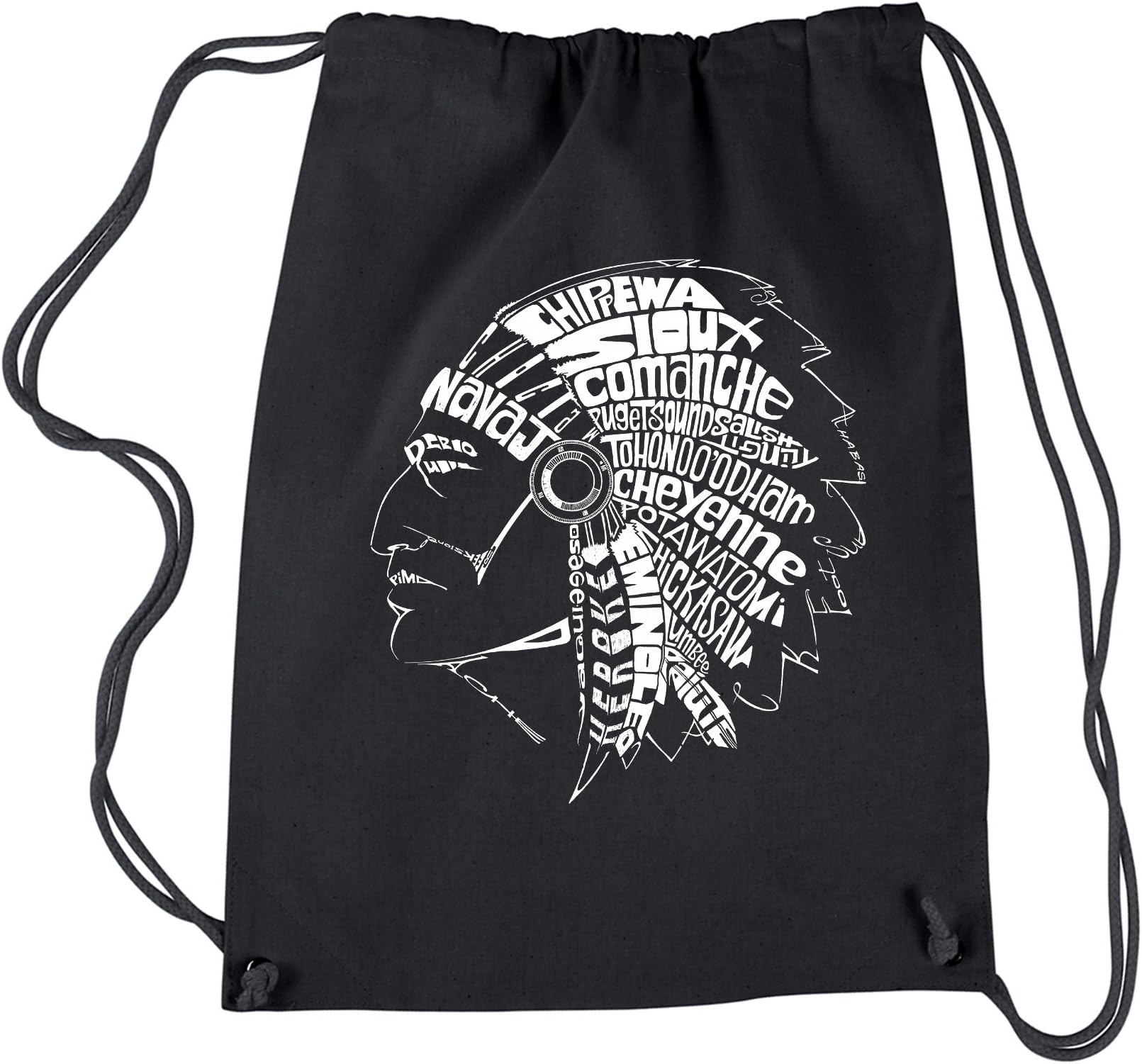 Drawstring Word Art Backpack - Popular Native American Indian Tribes - Black