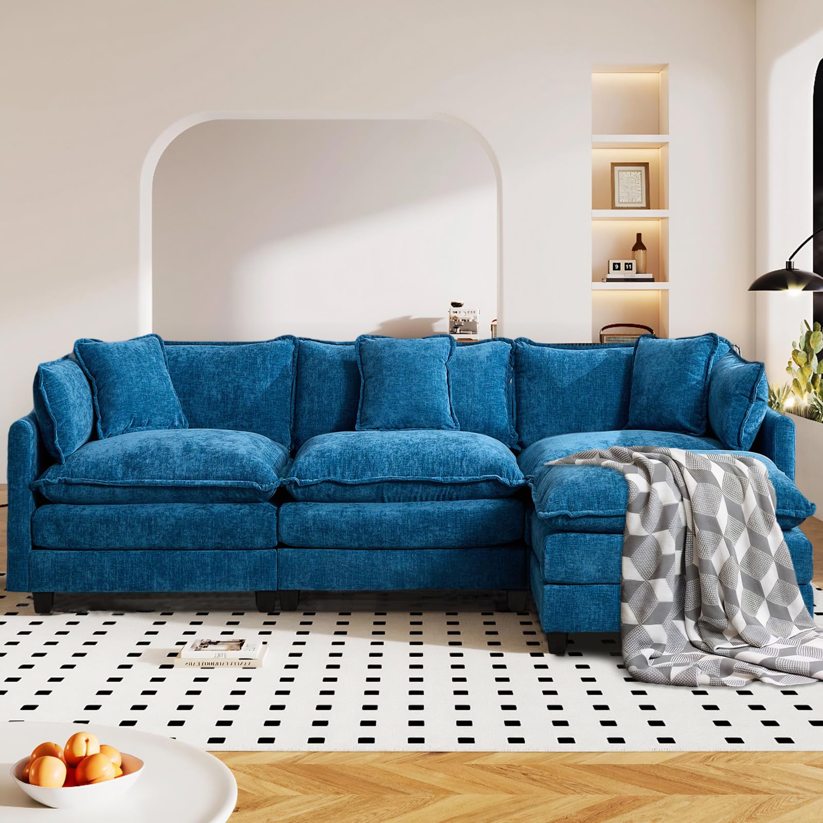 Sofá de salón Modular L 3 plazas 289cm, Chenilla Azul con Cojines Dobles | Tejido suave, resistente y transpirable, incluye cojines y reposabrazos. Ideal para salón, dormitorio y apartamento.