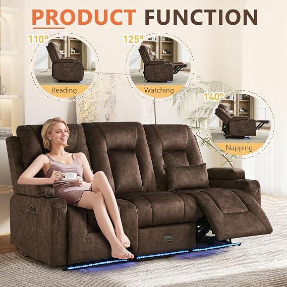 Houjud Wall Hugger Power Recliner Sofa, 3-Seater RV Couch Reclining Sofa with LED Lights, USB Ports, Cup Holders, Side Pockets, Outlets, Drawer for Living Room and Home Theater, Velvet, Brown