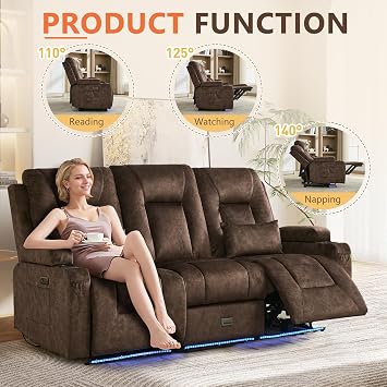 Houjud Wall Hugger Power Recliner Sofa, 3-Seater RV Couch Reclining Sofa with LED Lights, USB Ports, Cup Holders, Side Pockets, Outlets, Drawer for Living Room and Home Theater, Velvet, Brown