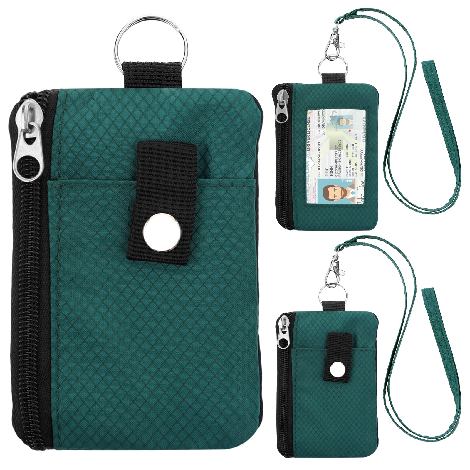 Minimalist Small Wallet for Men Women with 2 Zip Pockets, Multi Functional ID Case with Keychain and Card Holder, Coin Purse Badge Lanyard Pouch for Boys Girls Travel -DarkGreen