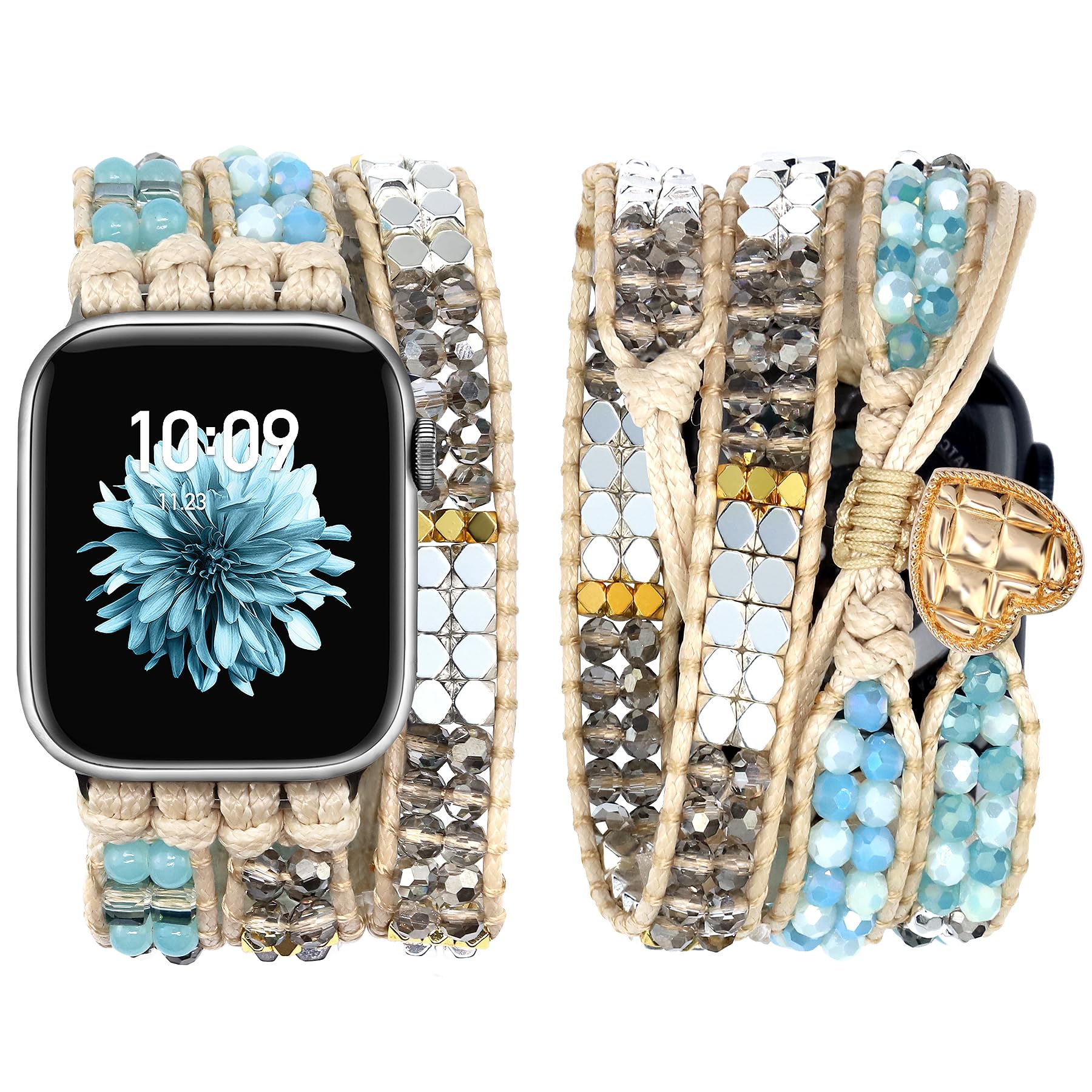 JR.DM Boho Beaded Watch Band Women Compatible with Apple Watch 38mm 40mm 41mm 42mm (S10/11) Blue Natural Stone Bracelet Adjustable Handmade Braided